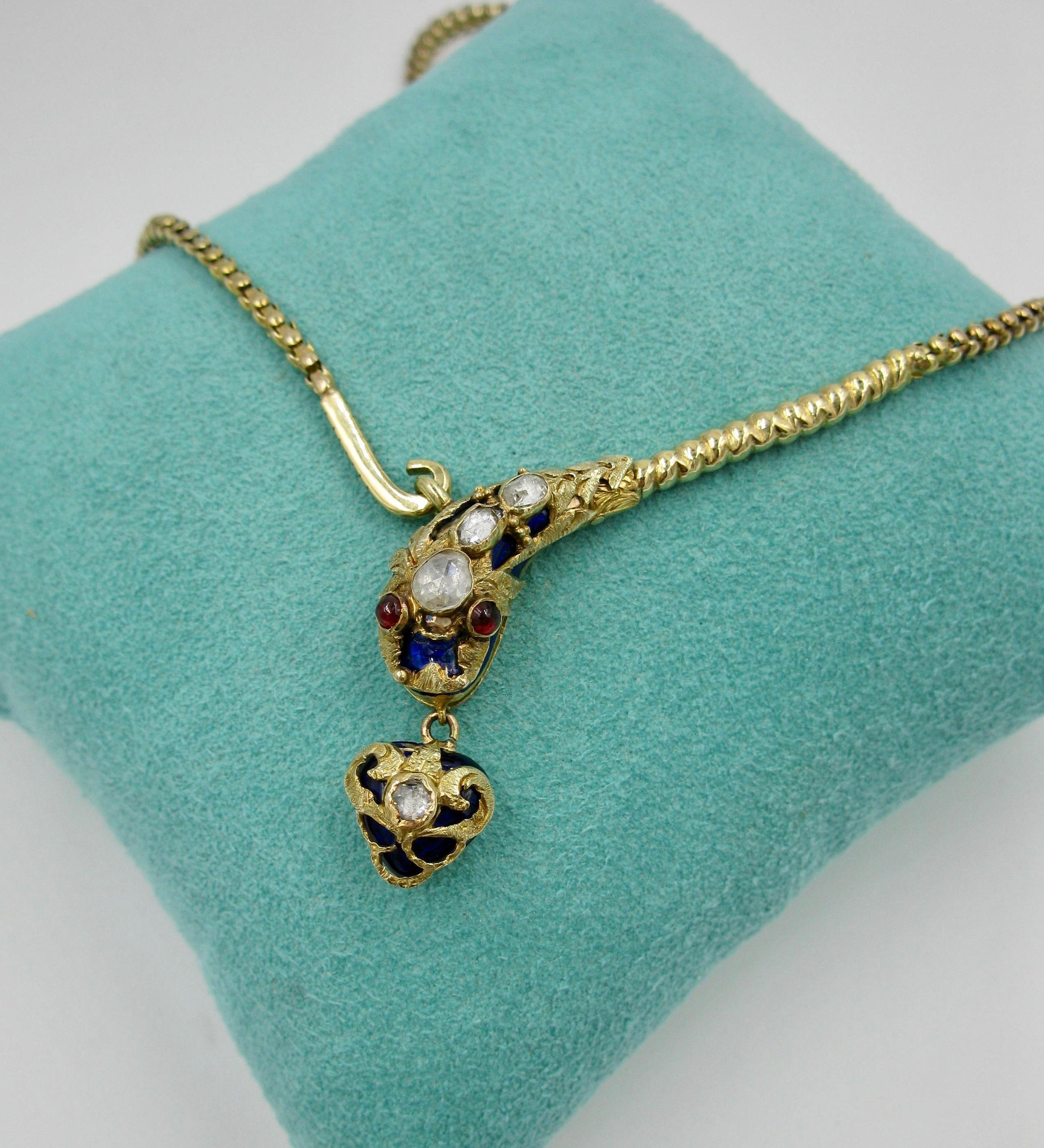 Antique Snake Necklace Rose Cut Diamond 14 Karat Gold Blue Enamel Garnet 1840 For Sale 1
