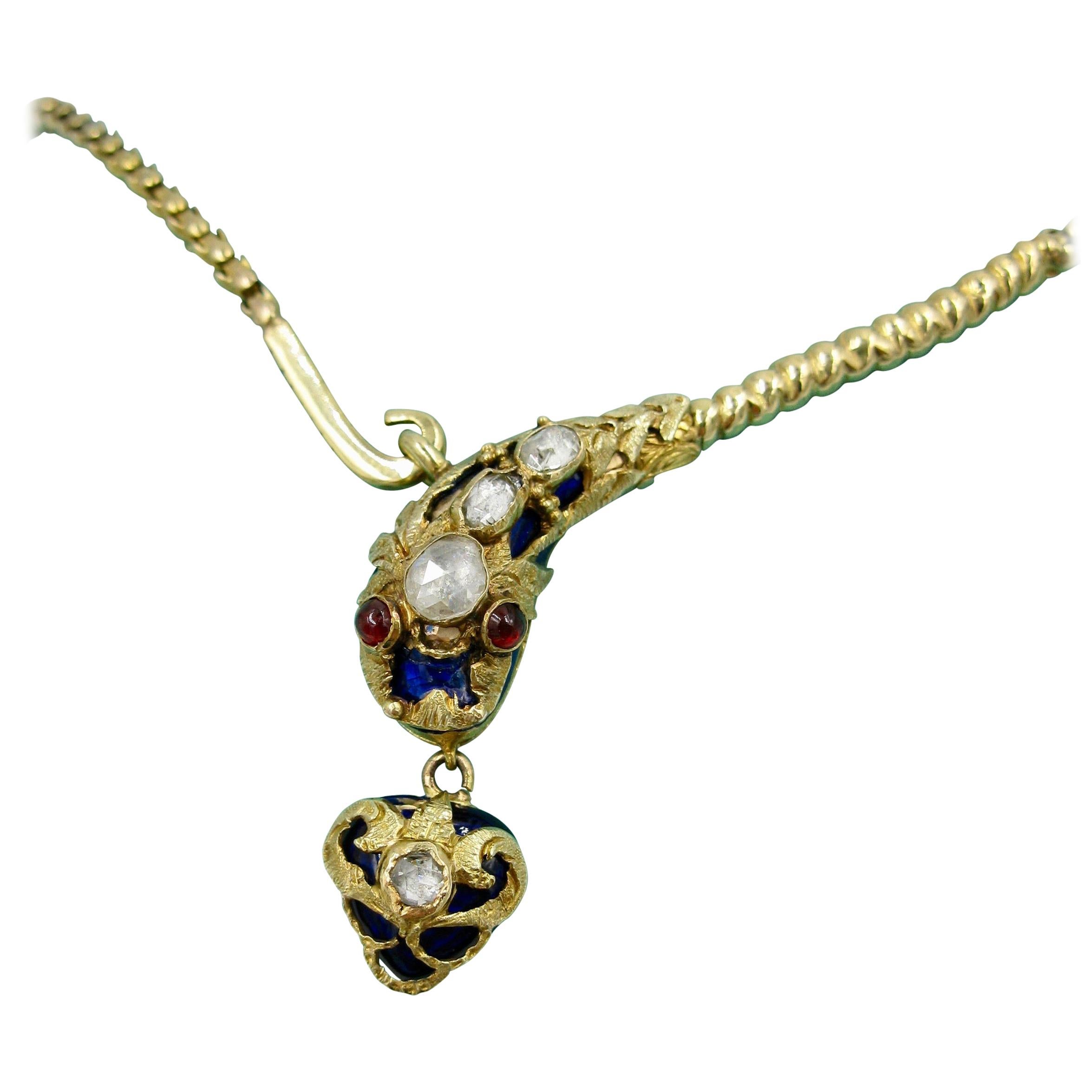 Antique Snake Necklace Rose Cut Diamond 14 Karat Gold Blue Enamel Garnet 1840