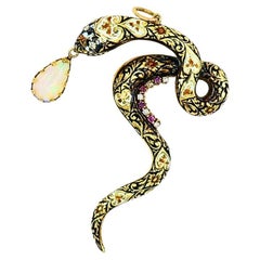 Antique Snake Pendant 14k Gold Enamel Gemstones