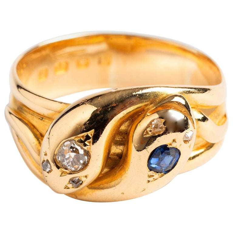 Antique Snake Ring Crossed with Diamonds and Sapphires Hallmarked 1885
