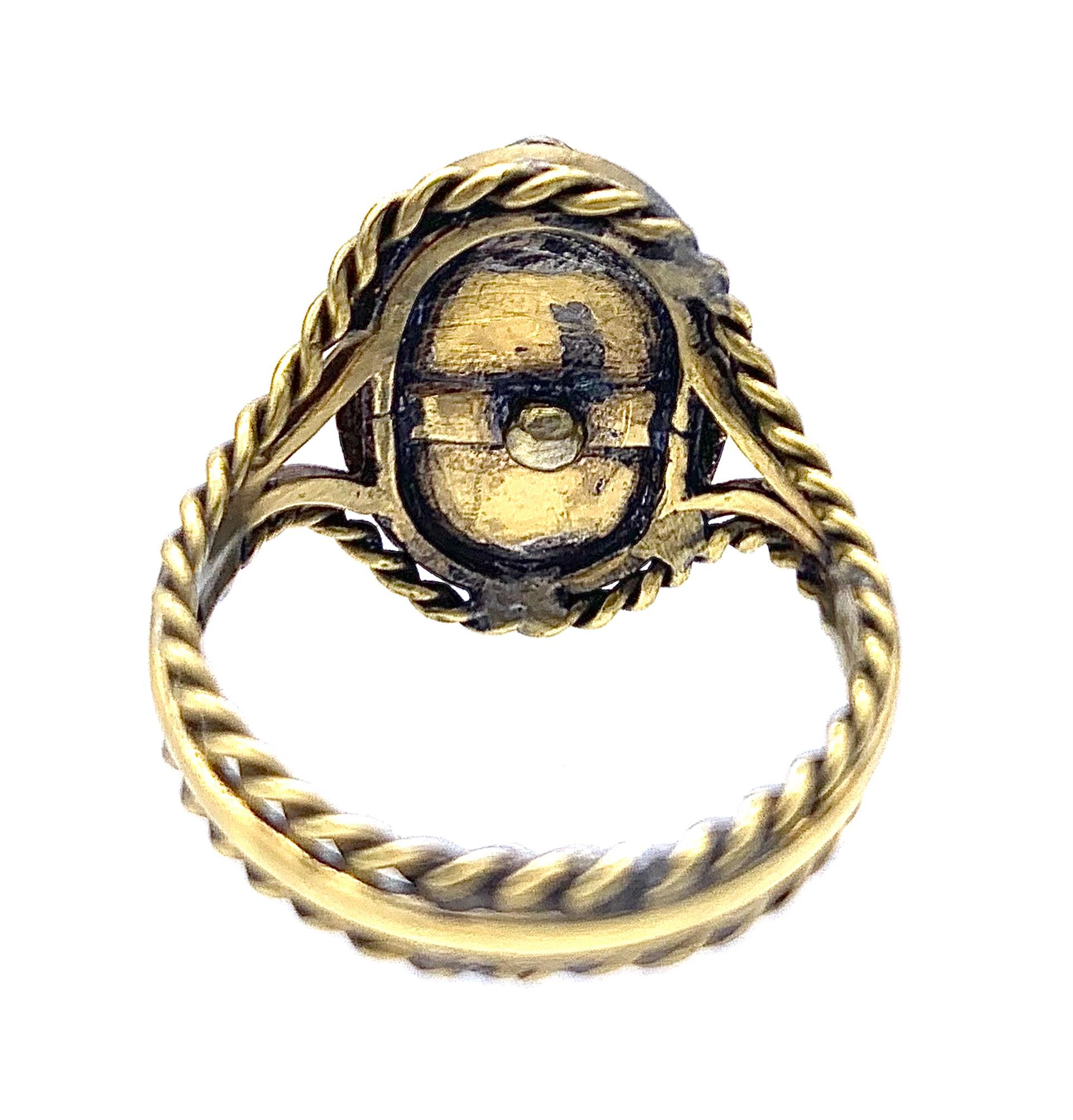 Round Cut Antique Snake Ring Double Sided Face 10 Karat Gold Sapphire Diamond Eyes Enamel For Sale