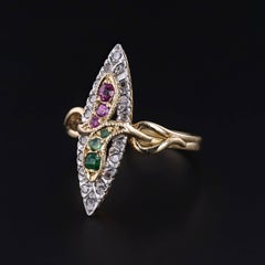 Bague serpent antique en or 18k avec rubis, émeraude et diamant