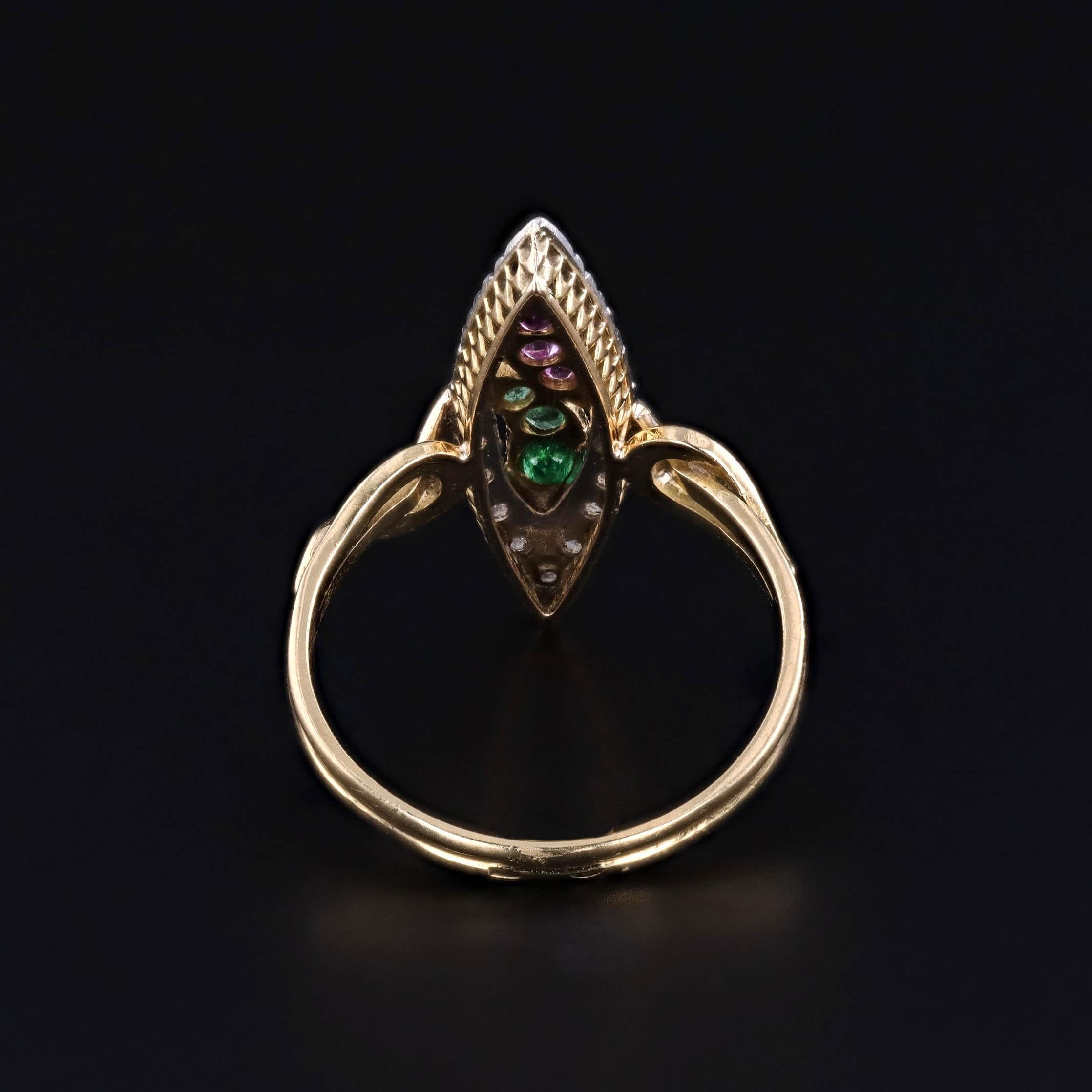 Round Cut Antique Snake Ring of Ruby, Emerald, and Diamond in 18k Gold For Sale