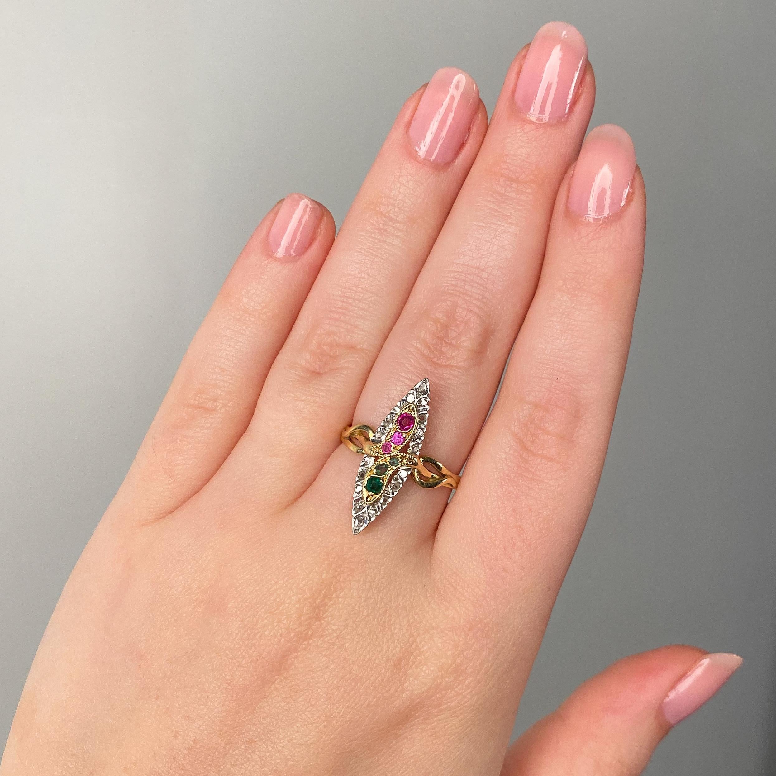 Antique Snake Ring of Ruby, Emerald, and Diamond in 18k Gold In Good Condition For Sale In Lewisburg, PA