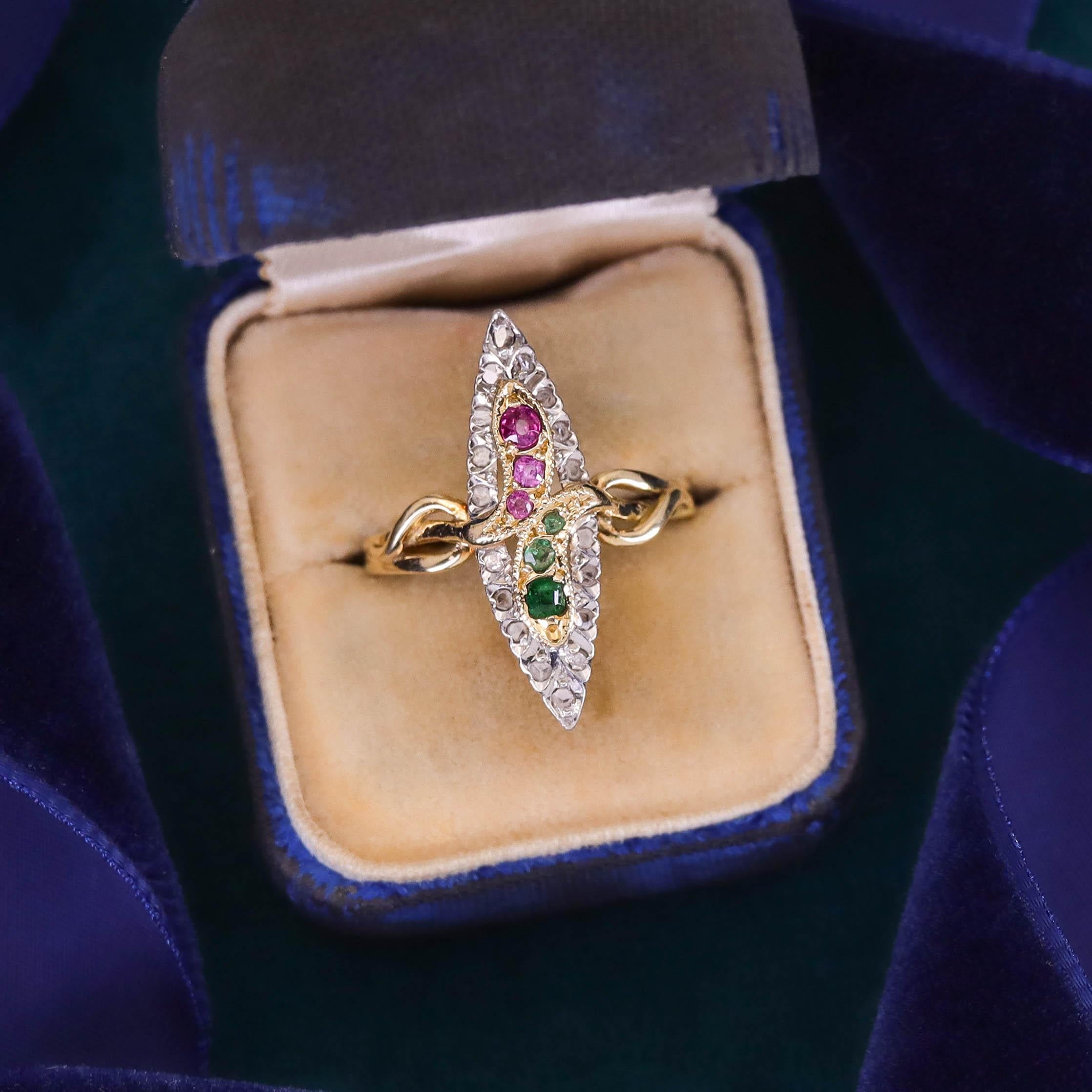 Women's Antique Snake Ring of Ruby, Emerald, and Diamond in 18k Gold For Sale