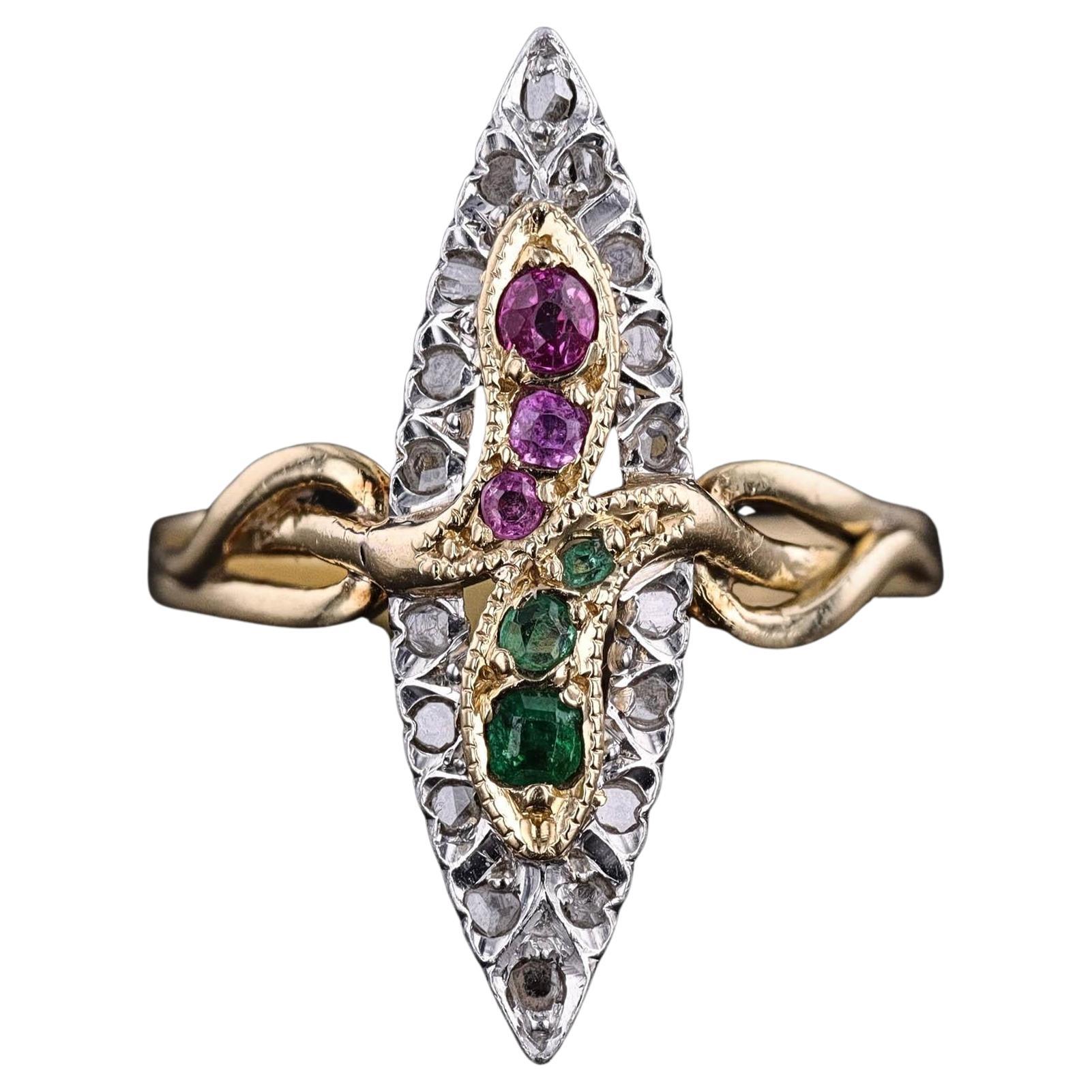 Antique Snake Ring of Ruby, Emerald, and Diamond in 18k Gold For Sale
