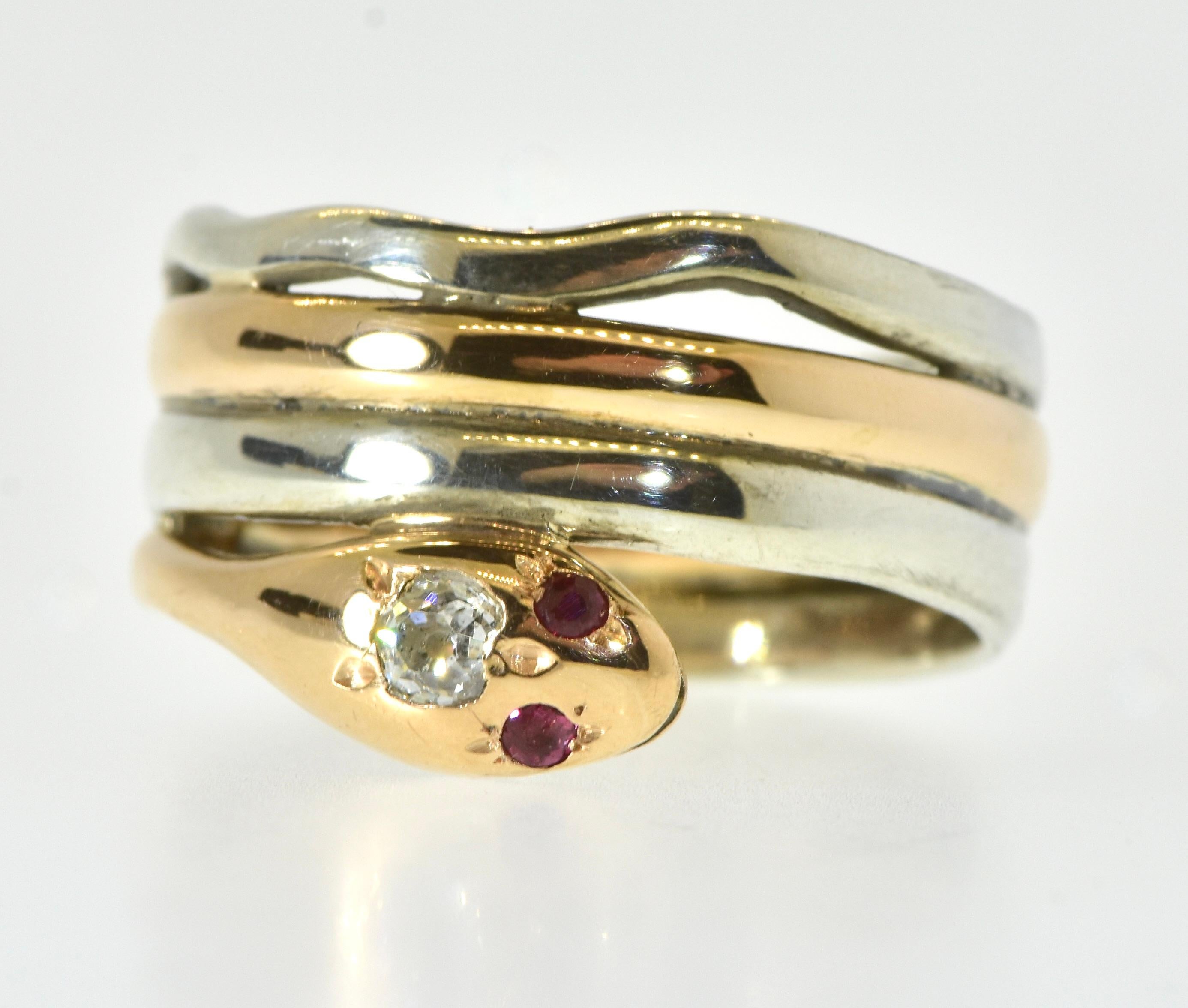 Old Mine Cut Antique Snake Ring with a Mine Cut Diamond  &  Burma Rubies, c. 1890, American For Sale