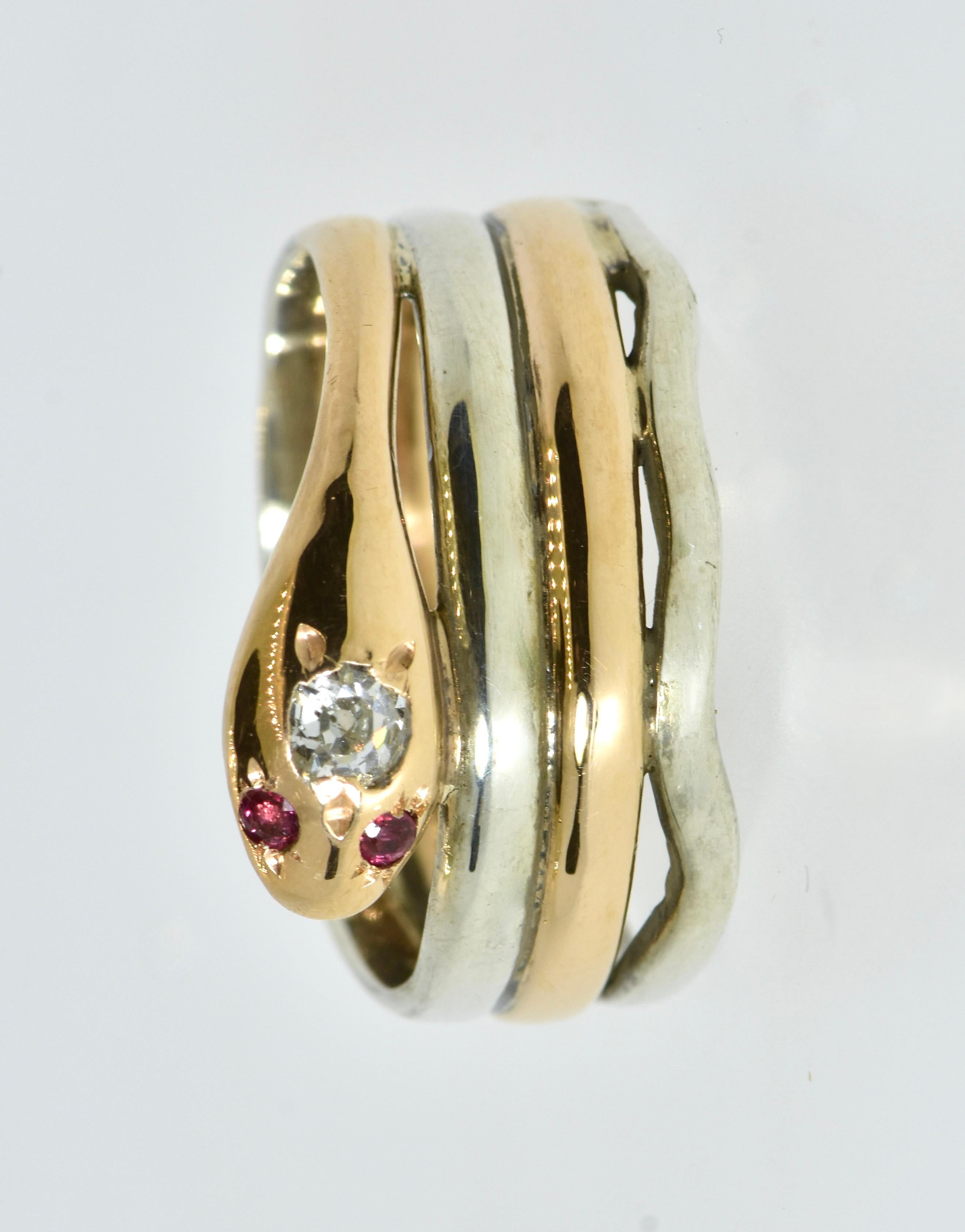 Antique Snake Ring with a Mine Cut Diamond  &  Burma Rubies, c. 1890, American In Excellent Condition For Sale In Aspen, CO