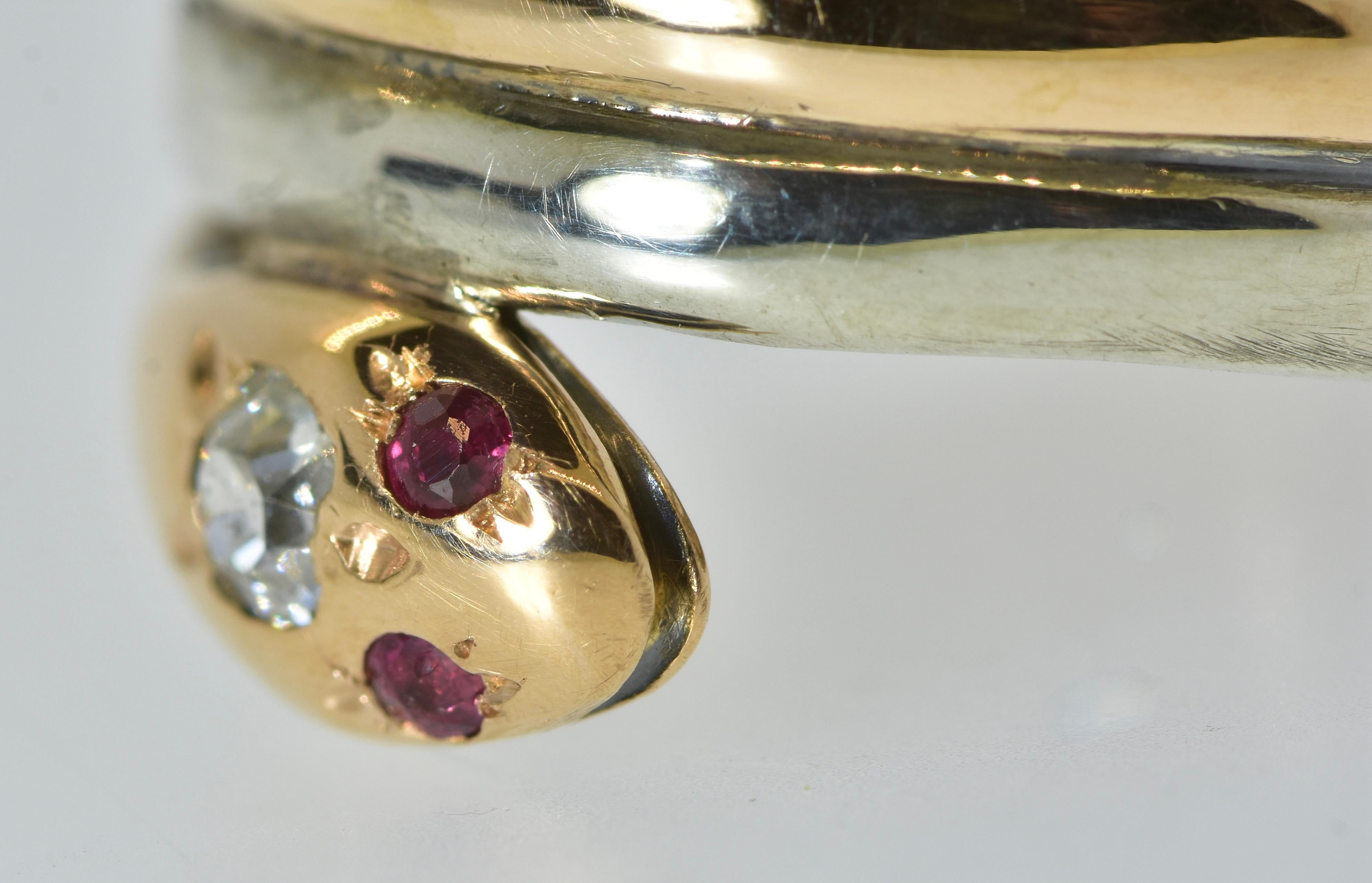 Antique Snake Ring with a Mine Cut Diamond  &  Burma Rubies, c. 1890, American For Sale 1