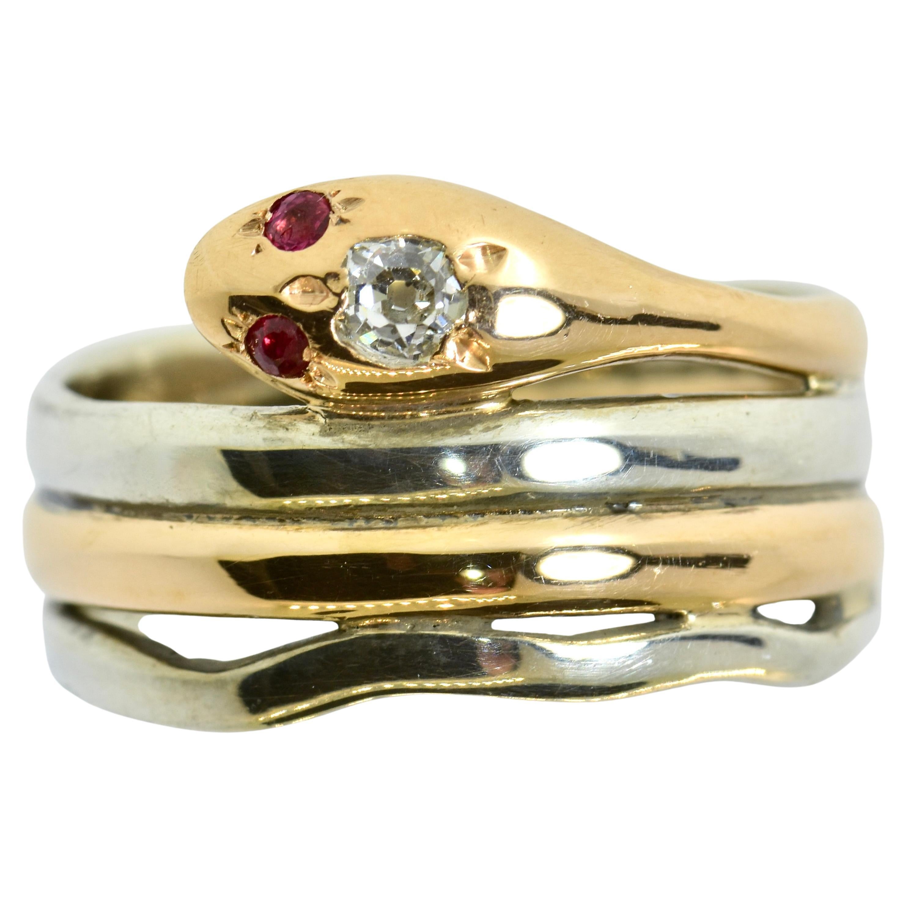 Antique Snake Ring with a Mine Cut Diamond  &  Burma Rubies, c. 1890, American For Sale