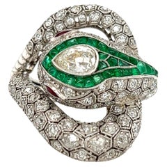Antique Snake Ring with Diamonds, Emeralds and Rubies