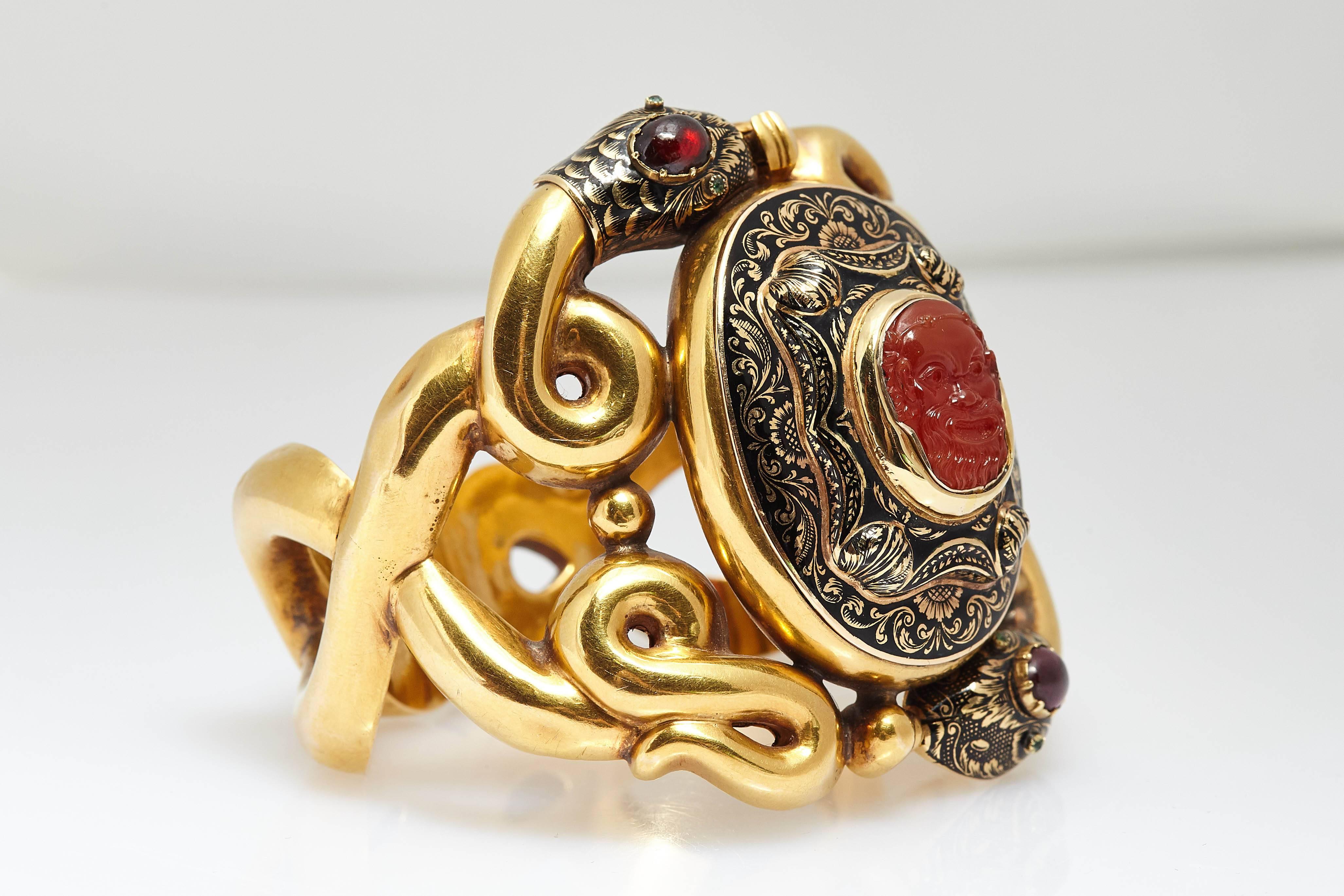 Women's or Men's Antique Serpent and Bearded God Enameled Gold Bracelet For Sale