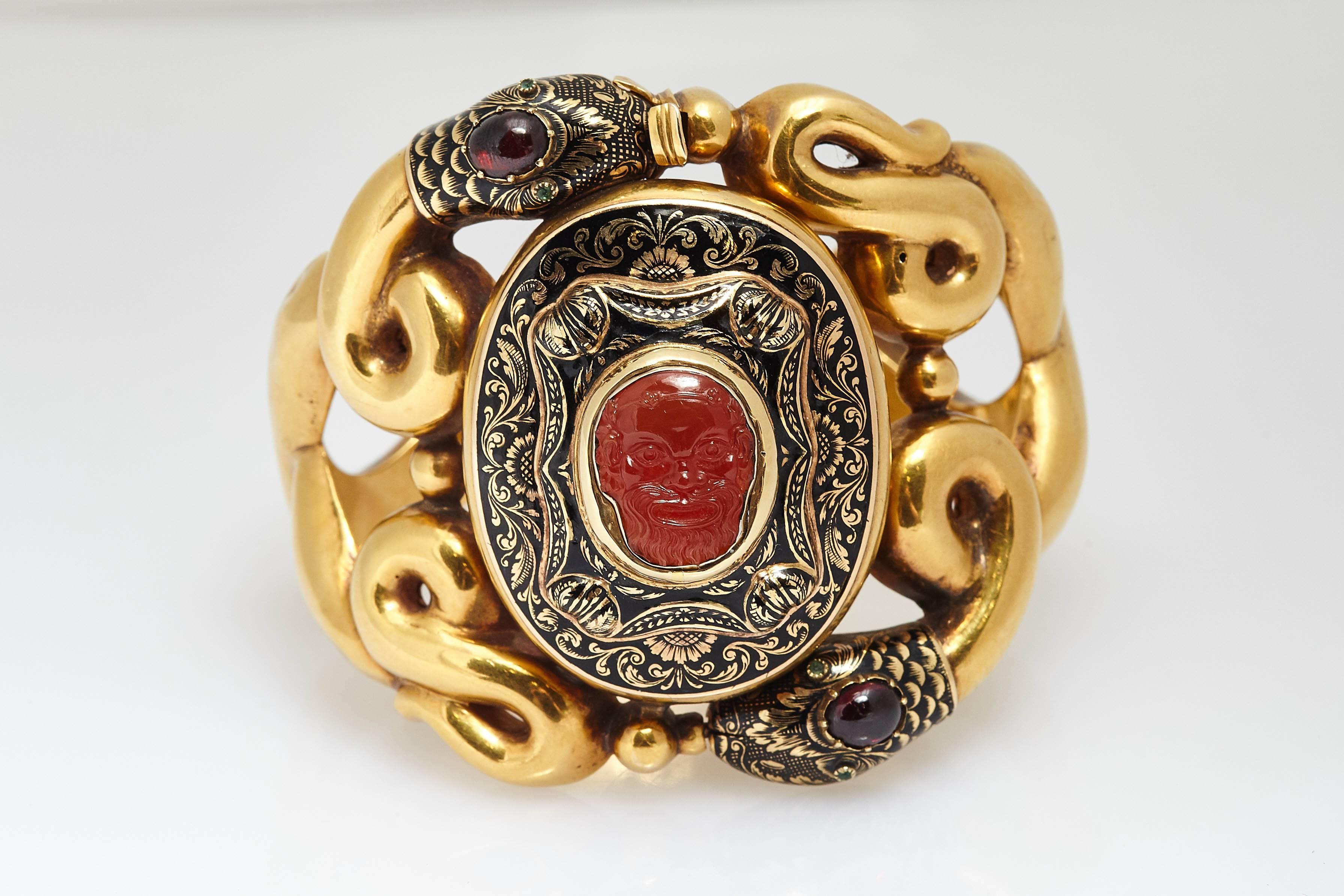 Antique Serpent and Bearded God Enameled Gold Bracelet For Sale 1