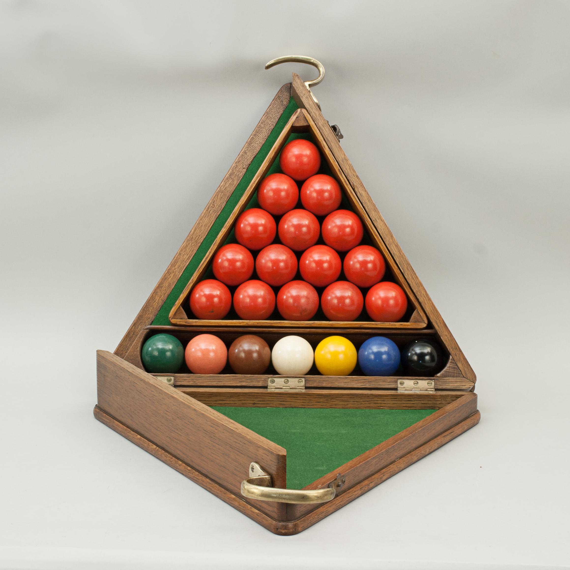 Antique Snooker Balls in Oak Snooker Ball Case with Triangle For Sale at 1stDibs
