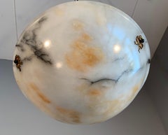 Antique Snowy White Alabaster Pendant with Black Veins and Amber Color Clouds