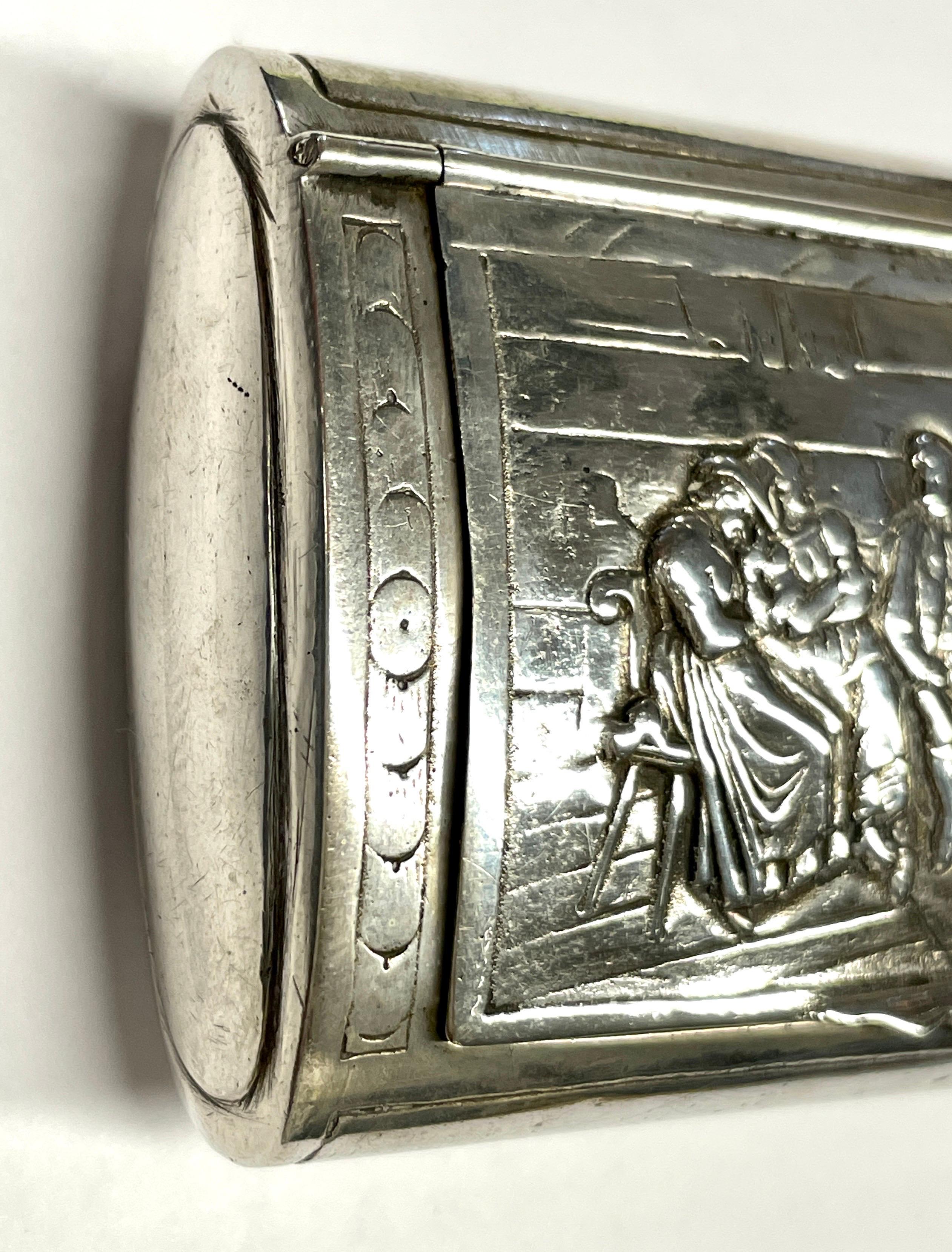 Rococo Antique Snuff Box, German, 800 Fine Silver, Hand Chased with a Smoking Pub Scene For Sale