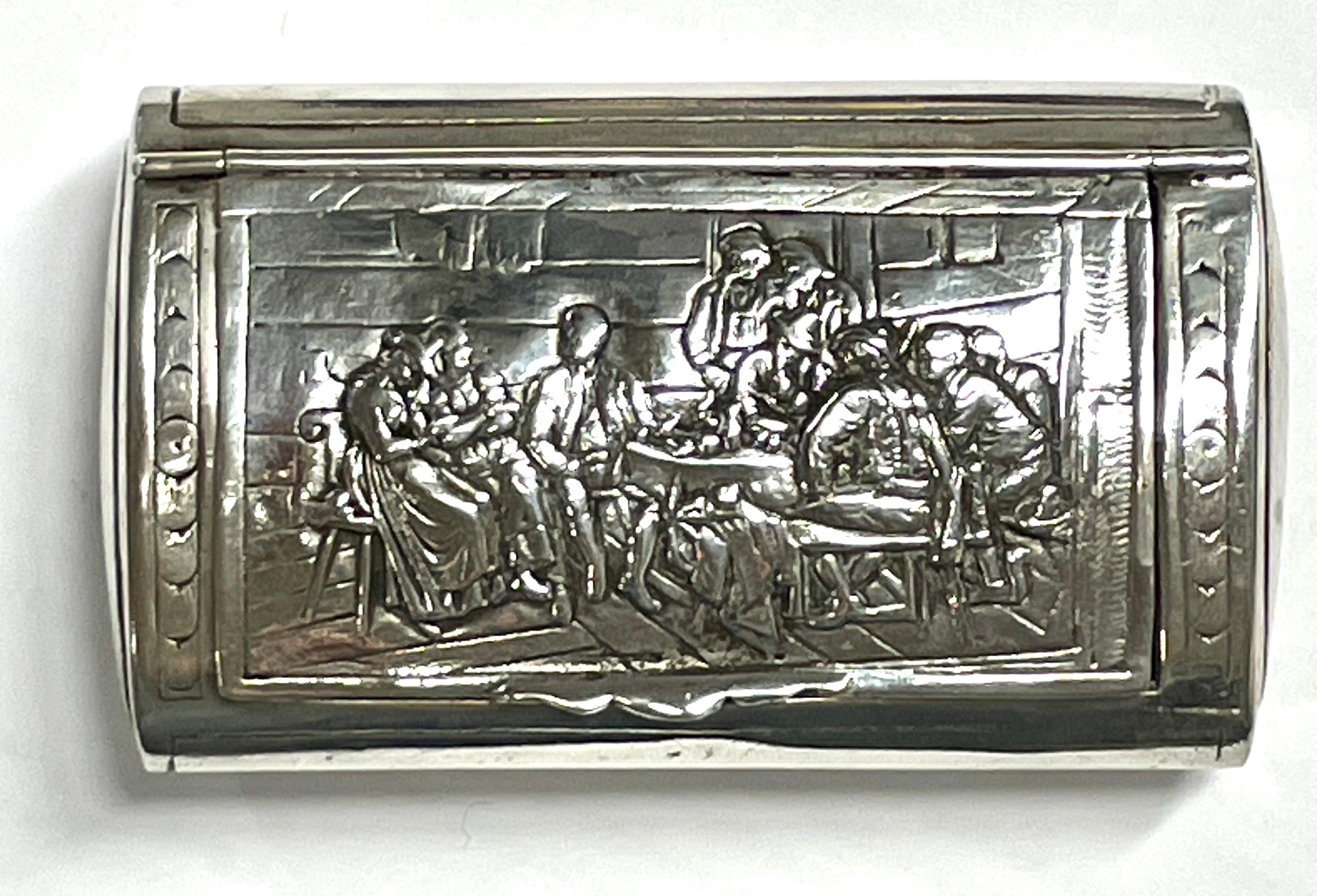 Hand-Crafted Antique Snuff Box, German, 800 Fine Silver, Hand Chased with a Smoking Pub Scene For Sale
