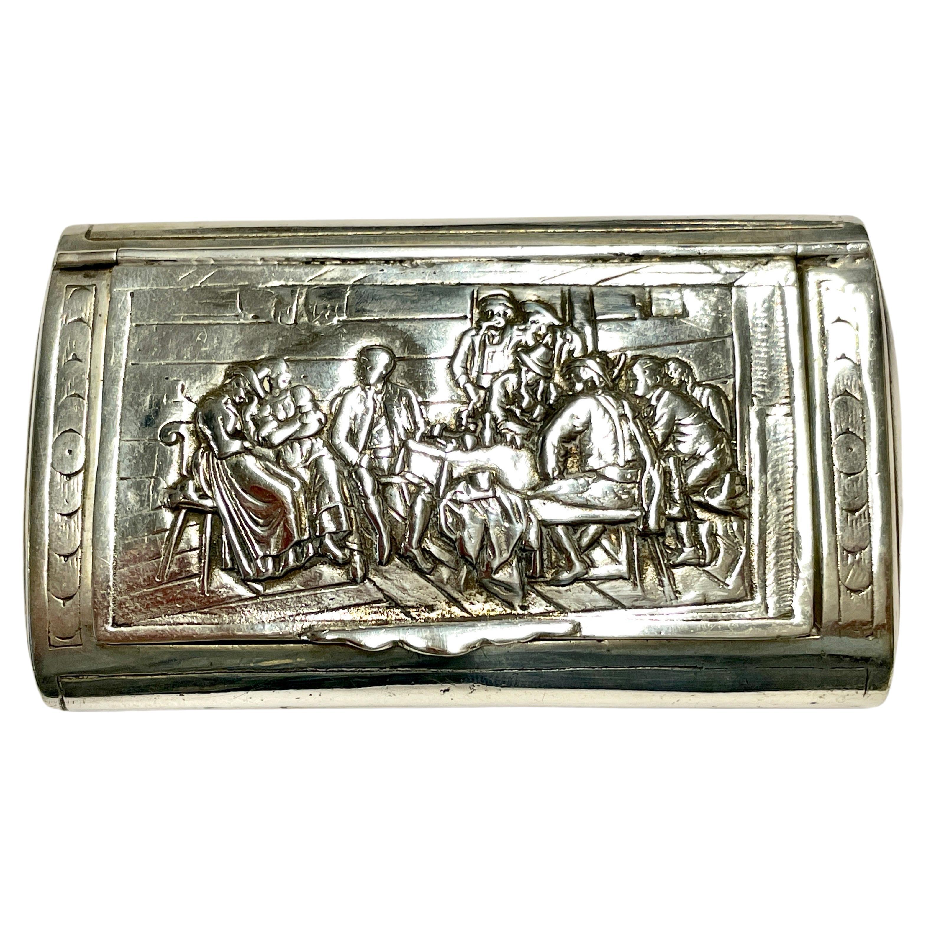 Antique Snuff Box, German, 800 Fine Silver, Hand Chased with a Smoking Pub Scene For Sale