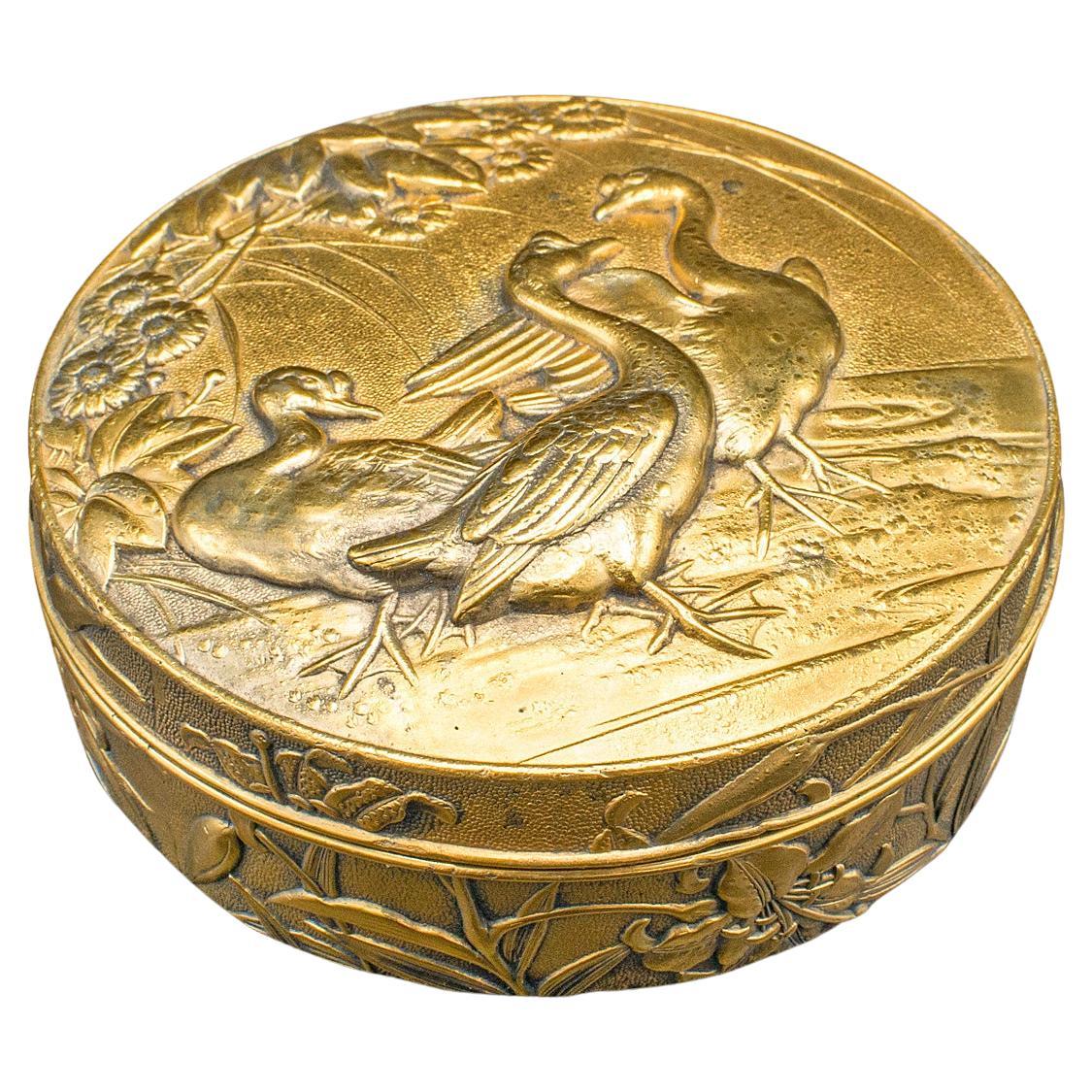 Antique Snuff Tin, English Gilt Metal, Lidded Box, Relief Decor, Victorian, 1880 For Sale