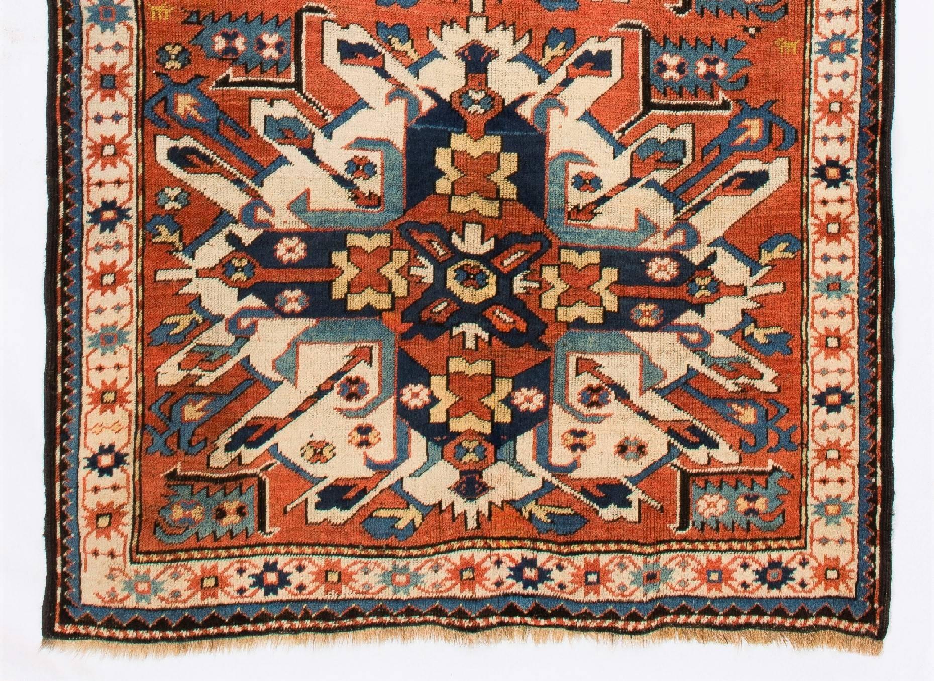 Caucasian 4.2x8.7 Ft Antique so called Sunburst or Eagle Kazak Rug from Karabakh. Ca 1875 For Sale