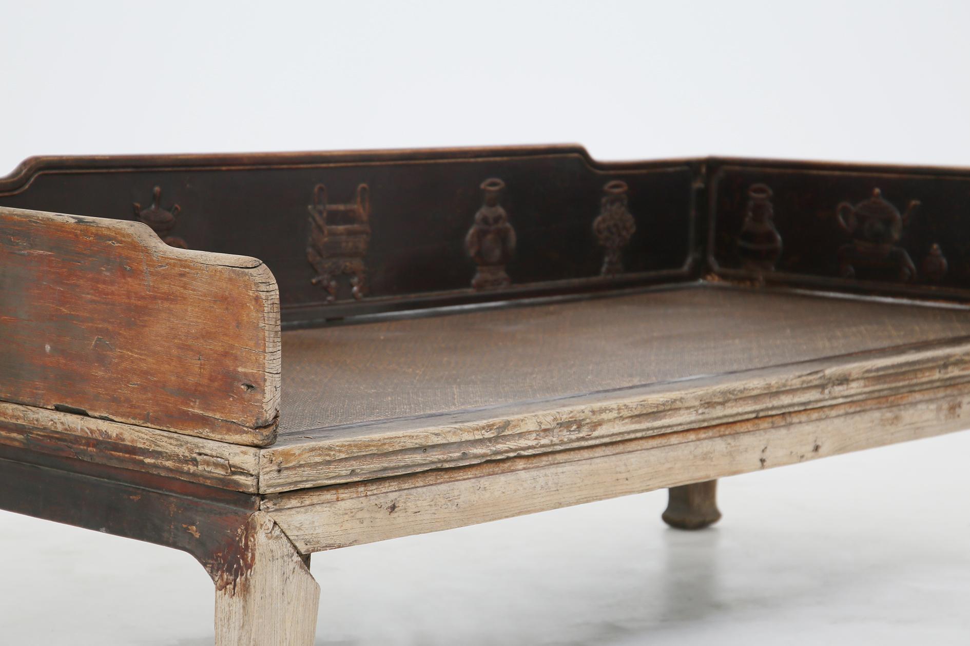 Antique Sofa Bed Late Ming in Carved Wood and Rattan, Late 19 Th Century  3
