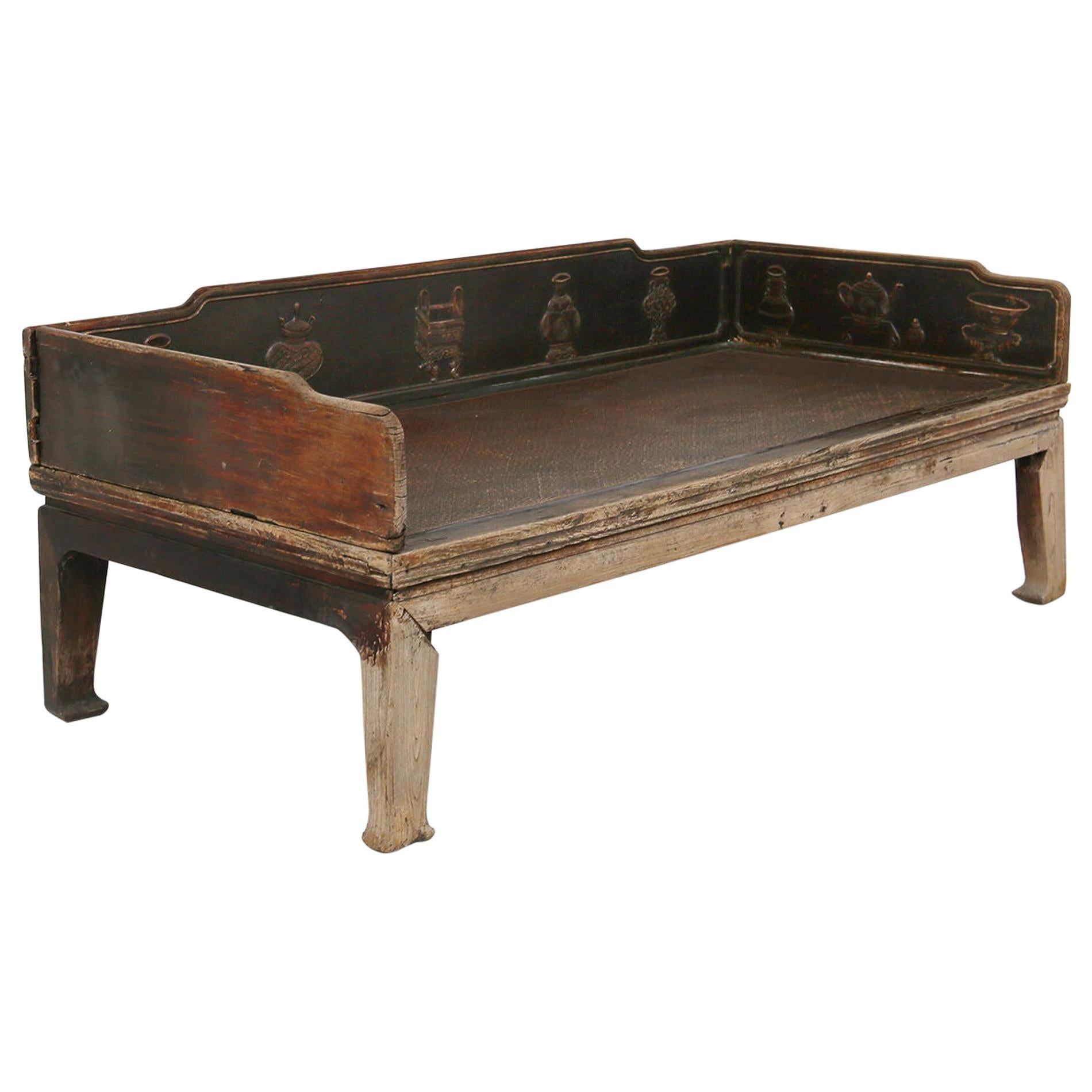 Antique Sofa Bed Late Ming in Carved Wood and Rattan, Late 19 Th Century 