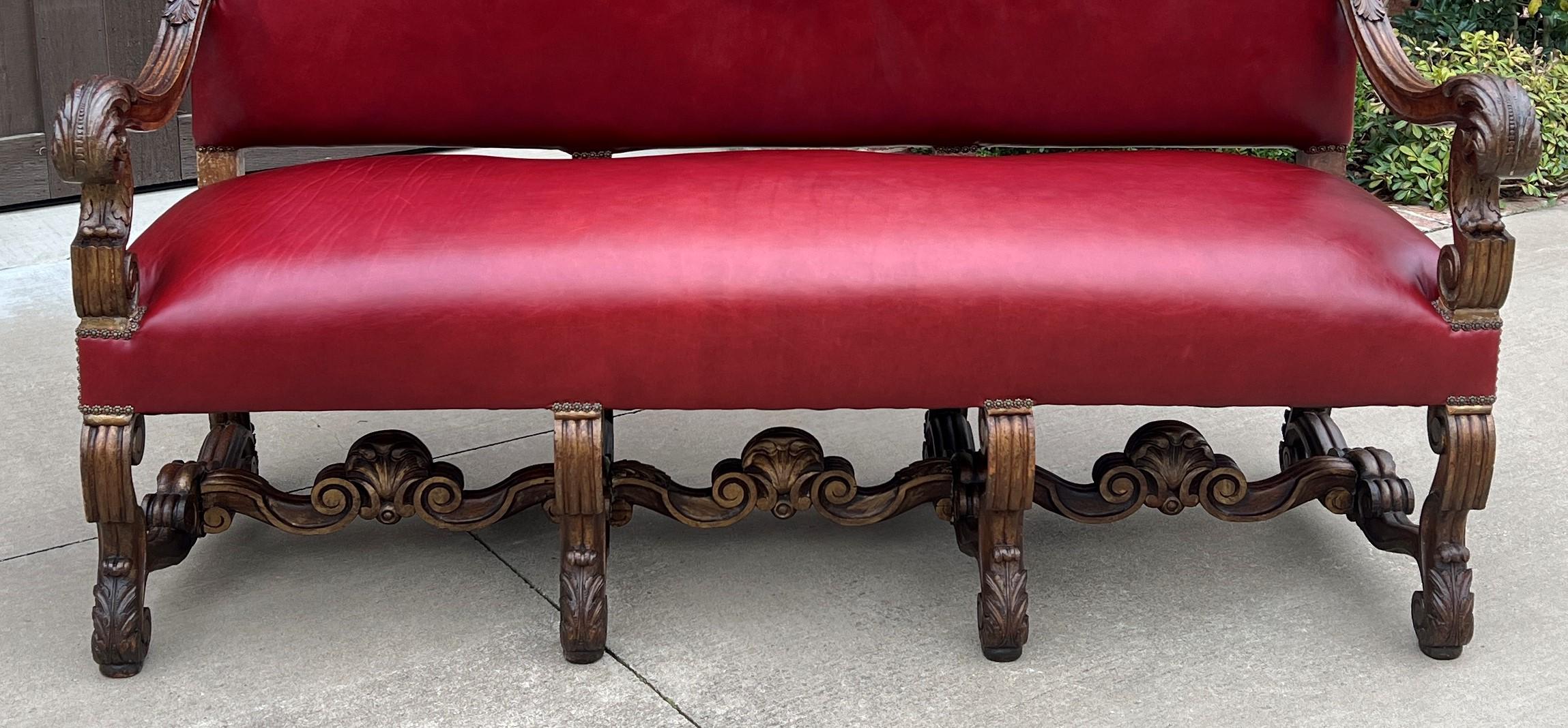 Antique Sofa Bench Settee Loveseat Chair Red Upholstery Oak Western Farmhouse For Sale 2