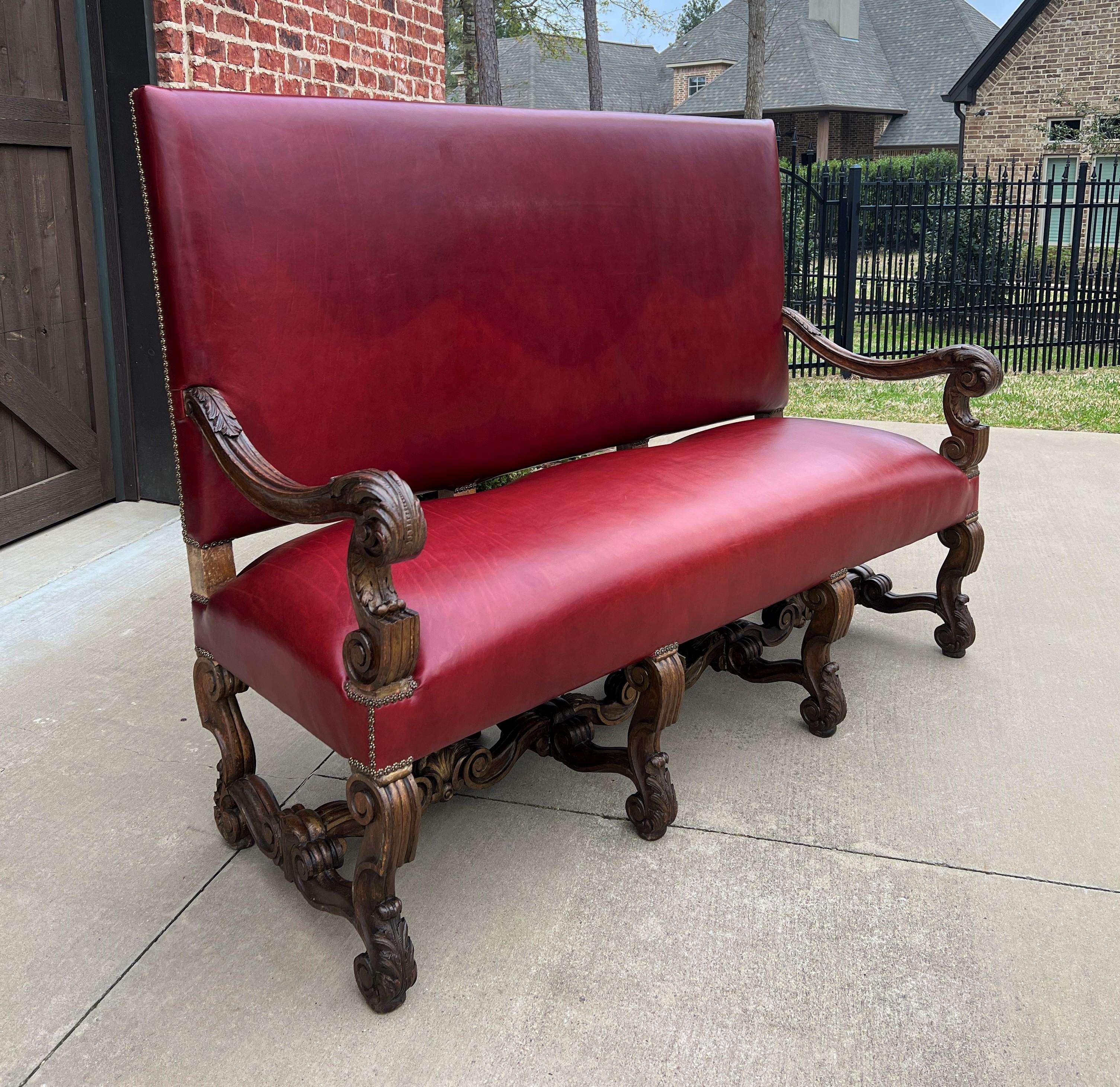 Charming antique carved oak frame paired with red upholstered hall bench, settee, sofa, or loveseat.
Perfect rustic, ranch or western look for a farmhouse, hunting or mountain cabinet, ski lodge, office, study or library~~the possibilities are