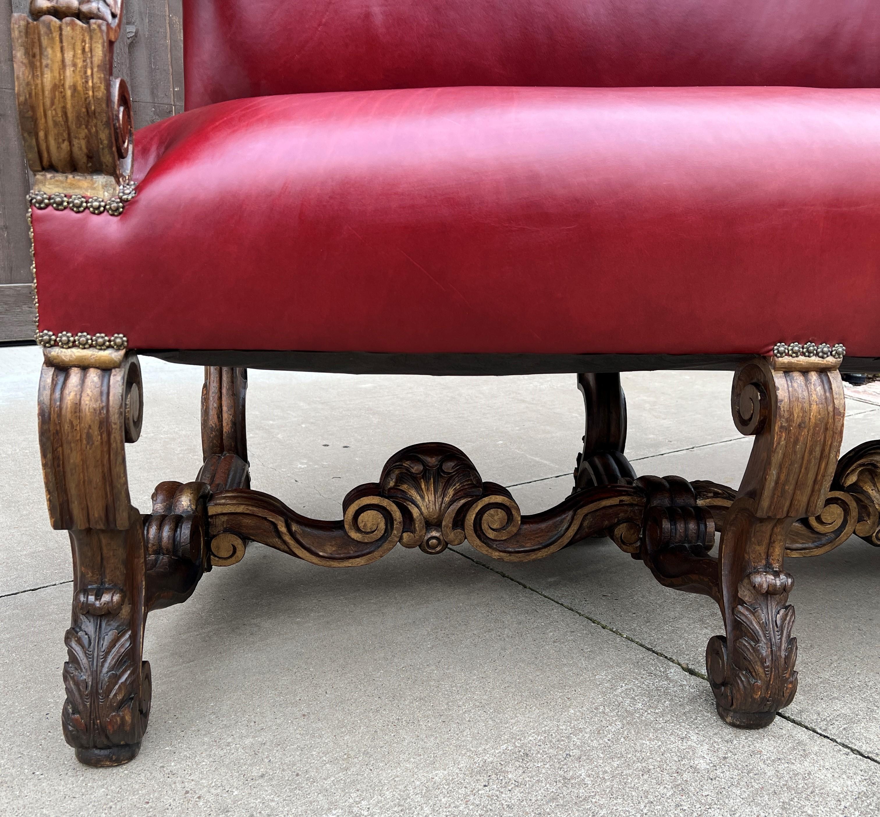 Country Antique Sofa Bench Settee Loveseat Chair Red Upholstery Oak Western Farmhouse For Sale