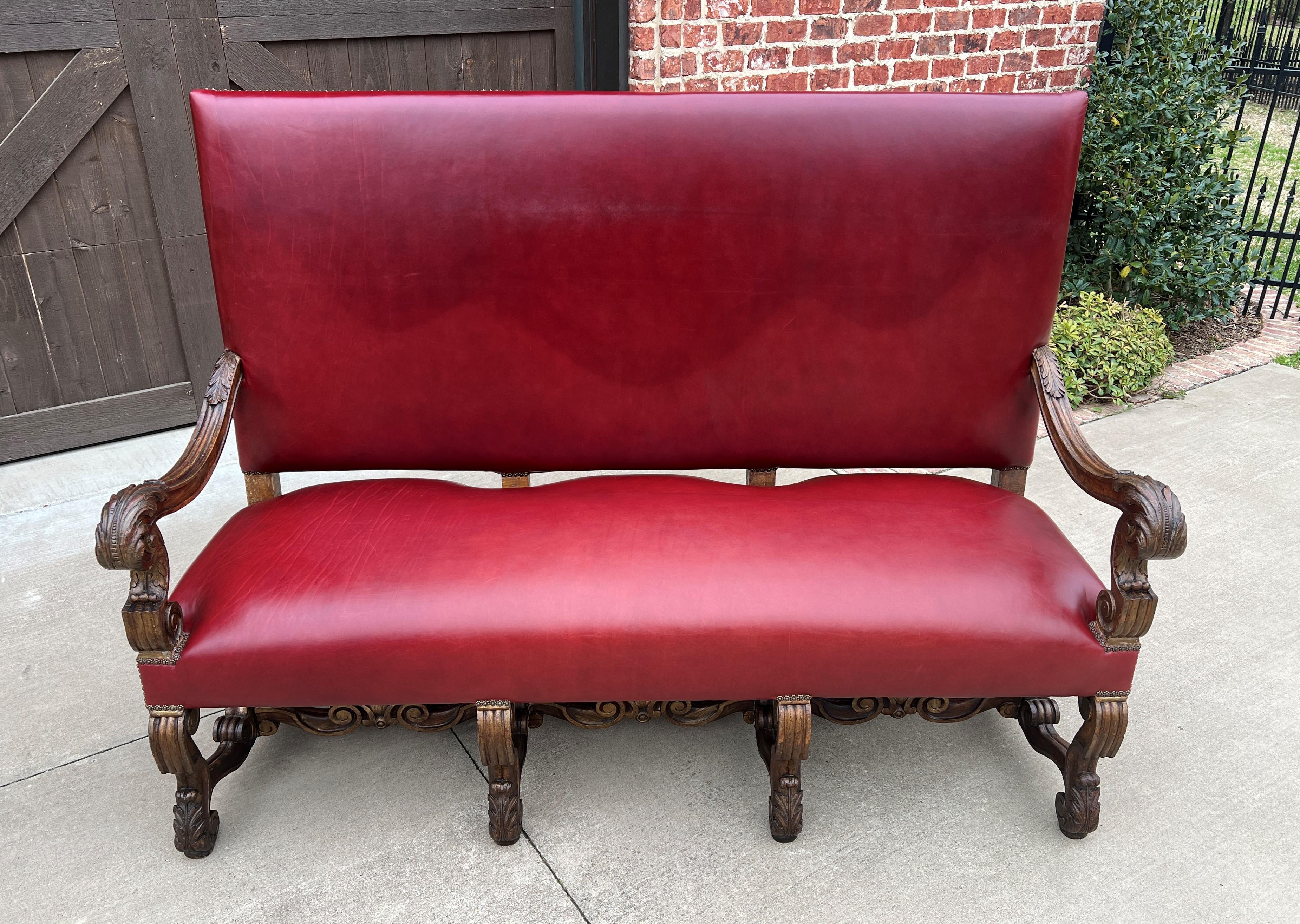 Antique Sofa Bench Settee Loveseat Chair Red Upholstery Oak Western Farmhouse In Good Condition For Sale In Tyler, TX
