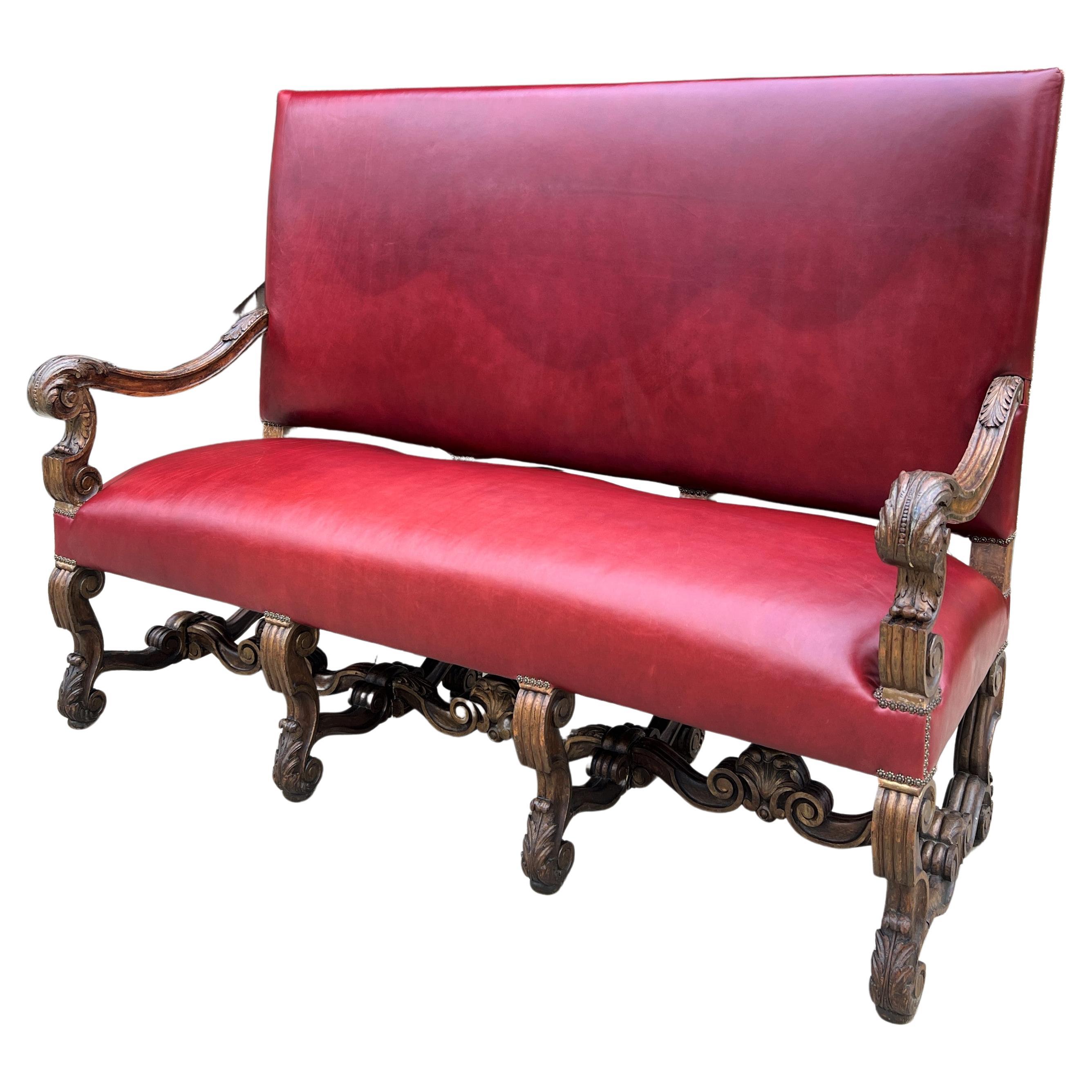 Antique Sofa Bench Settee Loveseat Chair Red Upholstery Oak Western Farmhouse For Sale