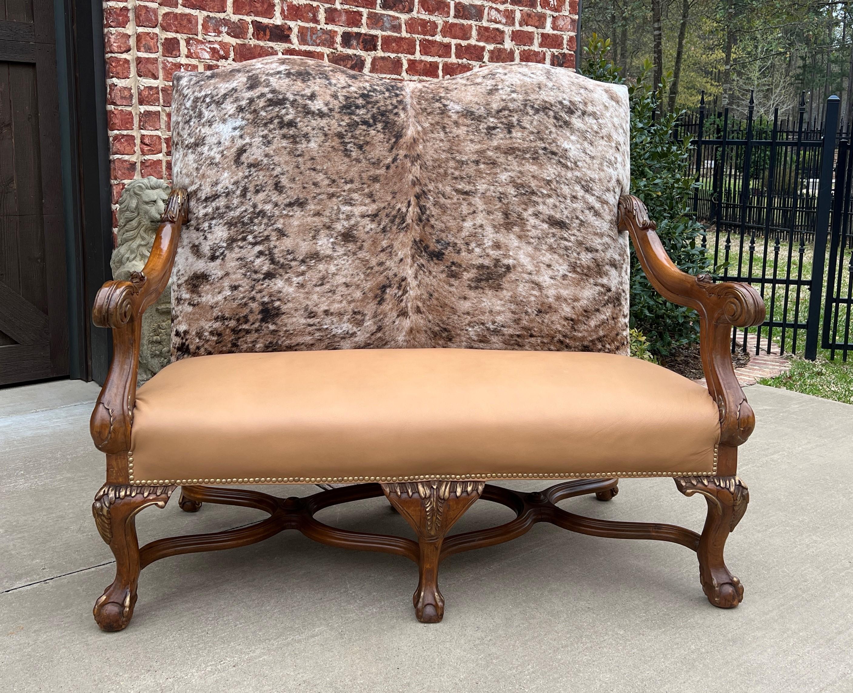 Charming Antique carved walnut frame paired with Vintage cowhide hall bench, settee, sofa, or loveseat~~

Perfect rustic, ranch, or western look for a farmhouse, hunting or mountain cabinet, ski lodge, office, study, or library~~the possibilities