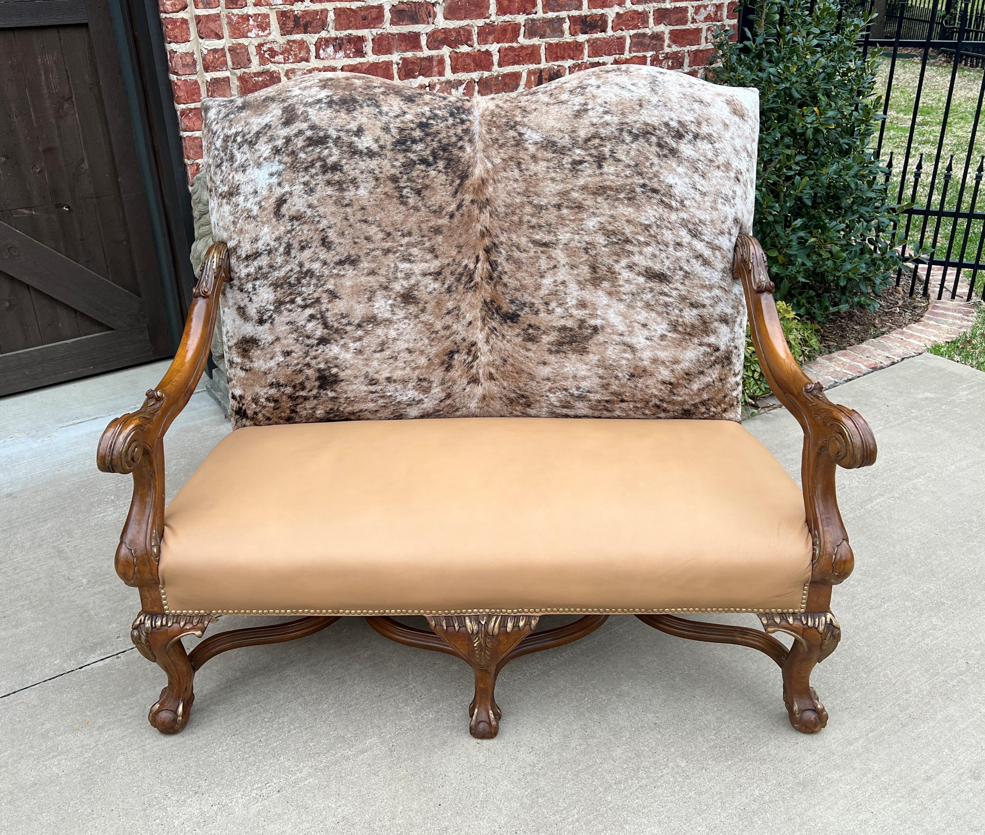 Antique Sofa Bench Settee Loveseat Chair Cowhide Walnut Western Farmhouse Lodge In Good Condition In Tyler, TX
