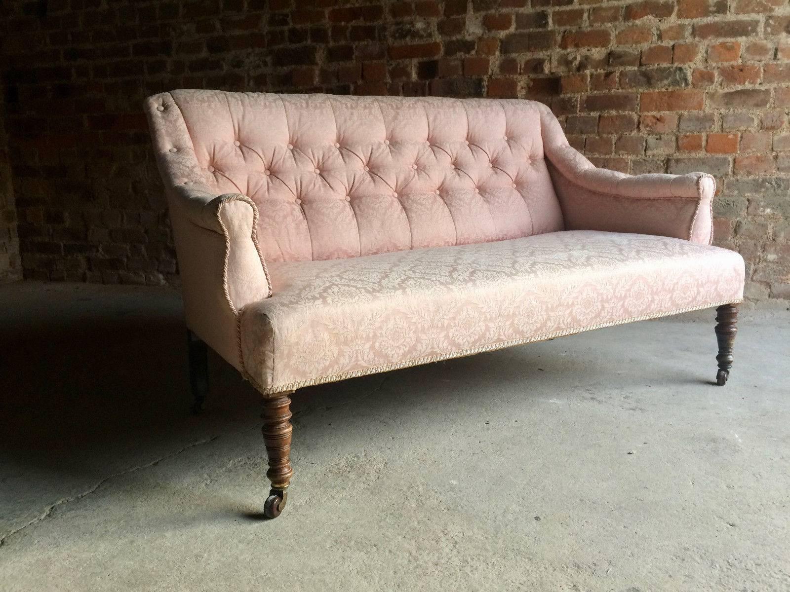 Antique Sofa Settee Chesterfield Button Back 19th Century Victorian Pink Casters In Good Condition In Longdon, Tewkesbury