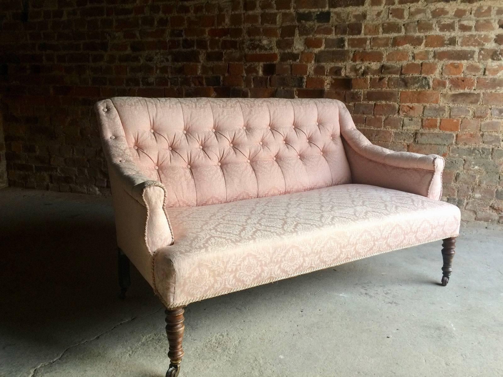 Mahogany Antique Sofa Settee Chesterfield Button Back 19th Century Victorian Pink Casters
