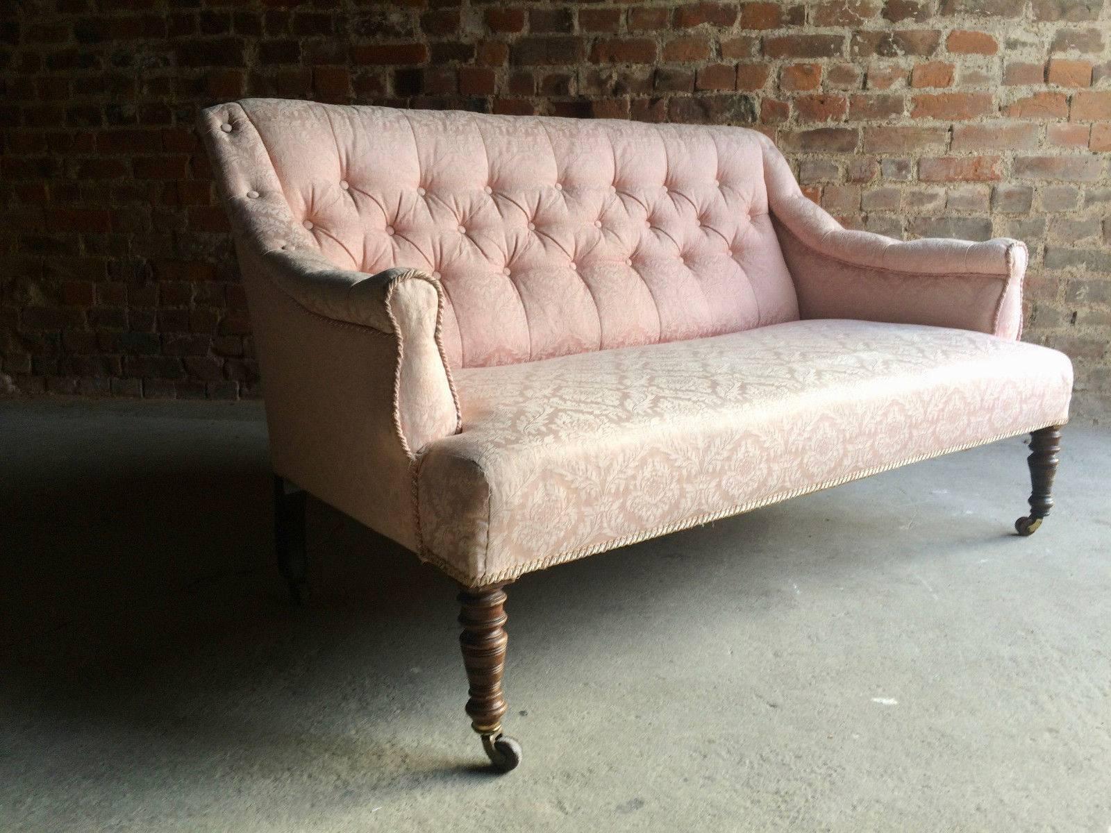Antique Sofa Settee Chesterfield Button Back 19th Century Victorian Pink Casters 3