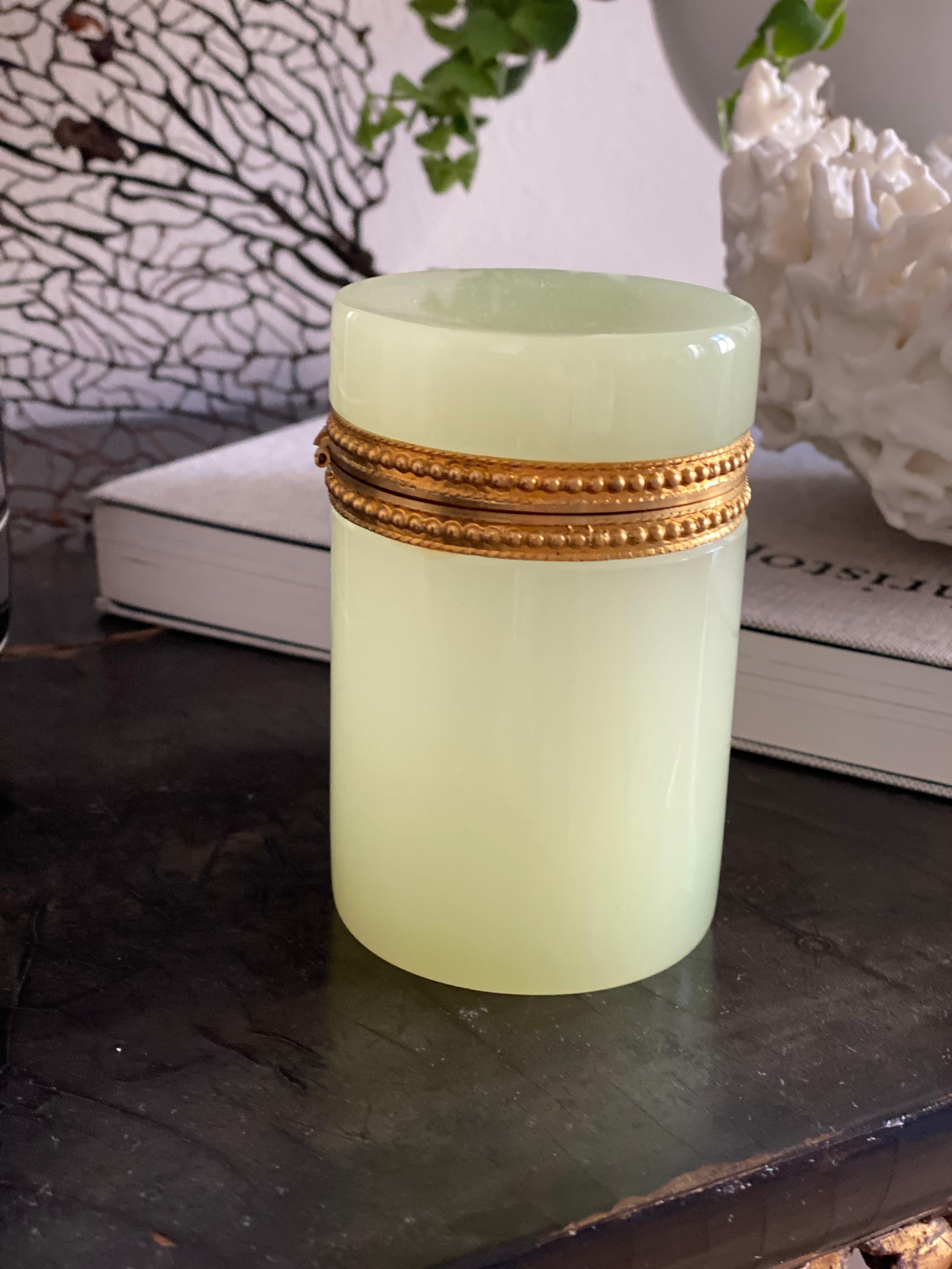 Biedermeier Antique Soft Jade Green Opaline Glass Box, Cendese Glass, Murano Glass