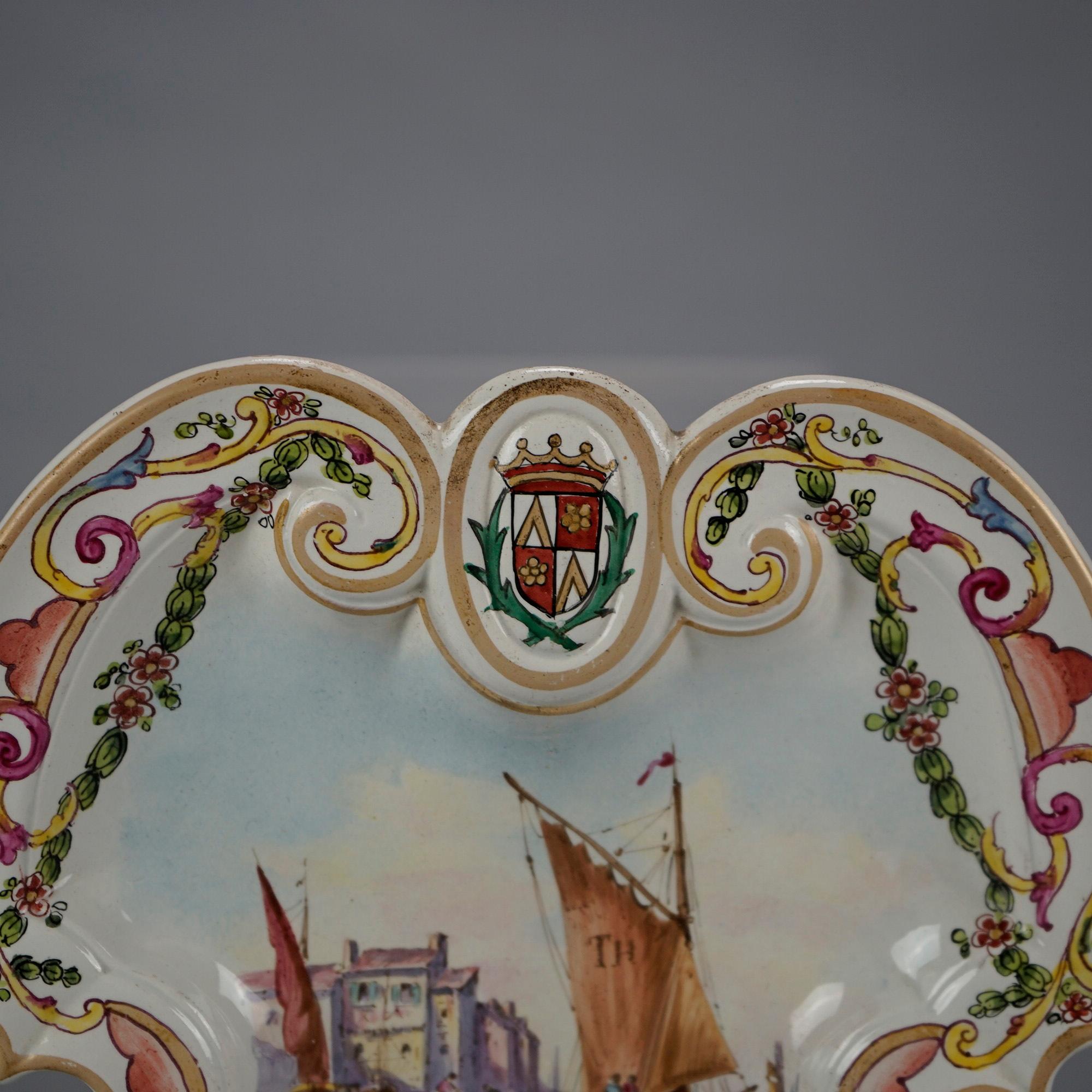 Hand-Painted Antique Soft Paste Faience French Maritime Polychrome Plates, Lille 1767