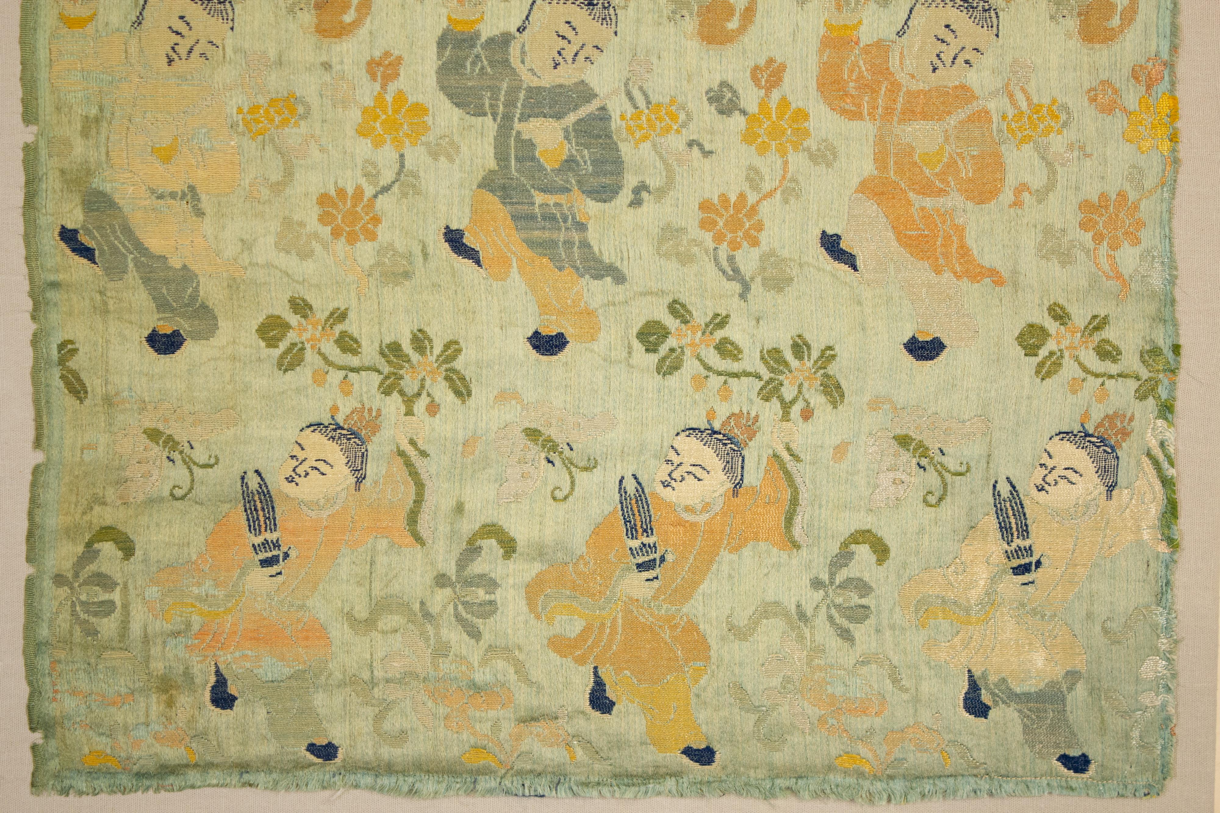 Hand-Woven Antique Soft Teal Chinese Qing Dynasty Silk Brocade with Auspicious Symbols For Sale