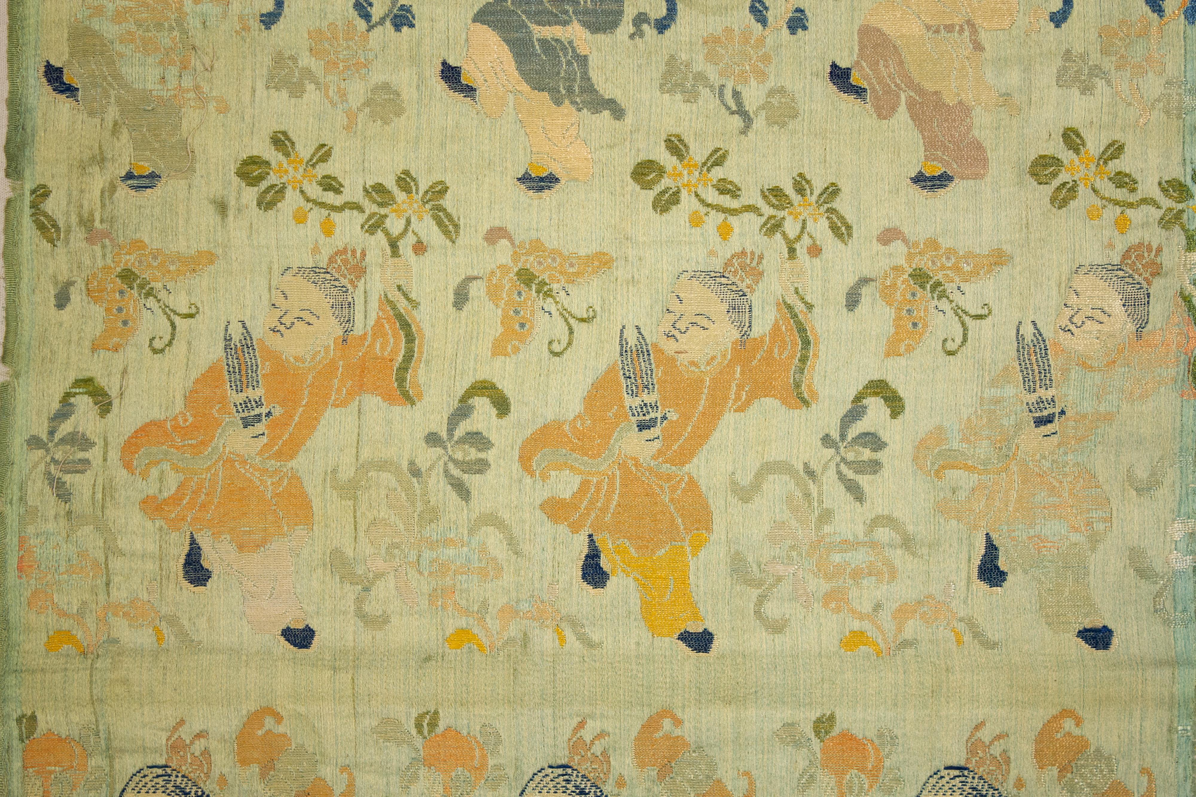 Antique Soft Teal Chinese Qing Dynasty Silk Brocade with Auspicious Symbols In Good Condition For Sale In Milan, IT