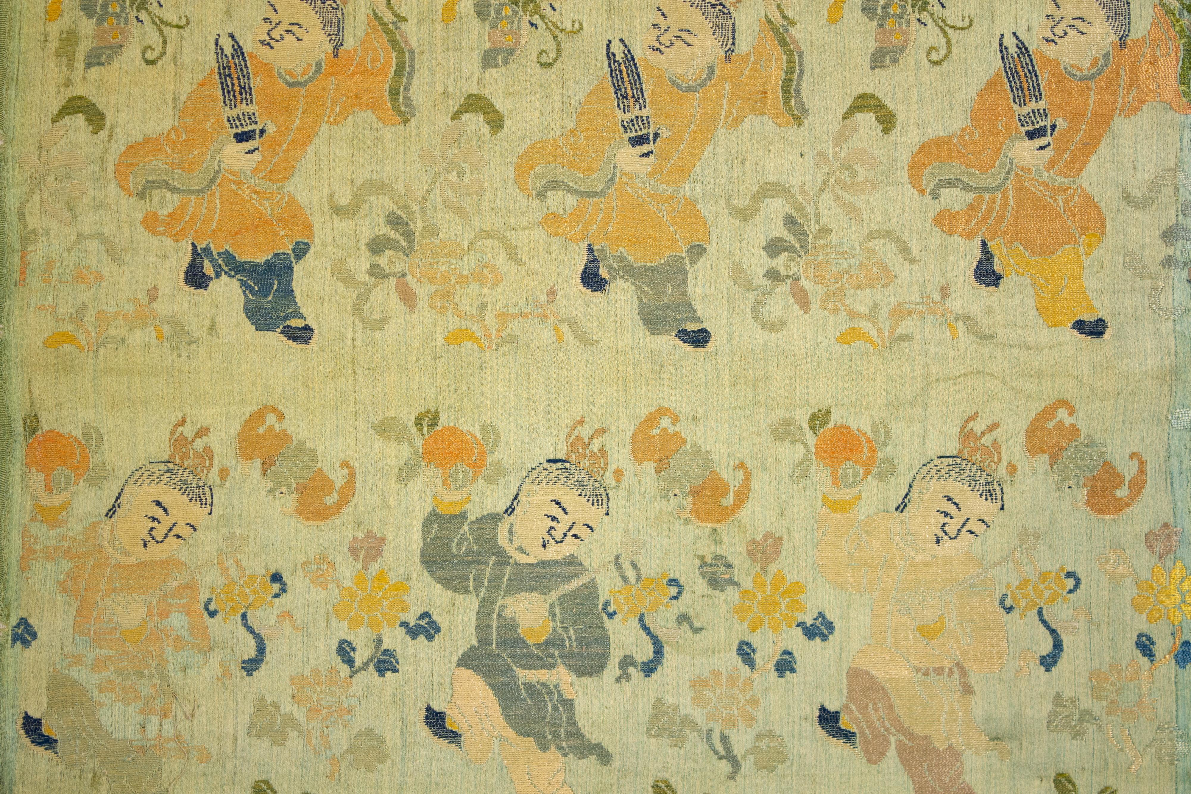 18th Century Antique Soft Teal Chinese Qing Dynasty Silk Brocade with Auspicious Symbols For Sale
