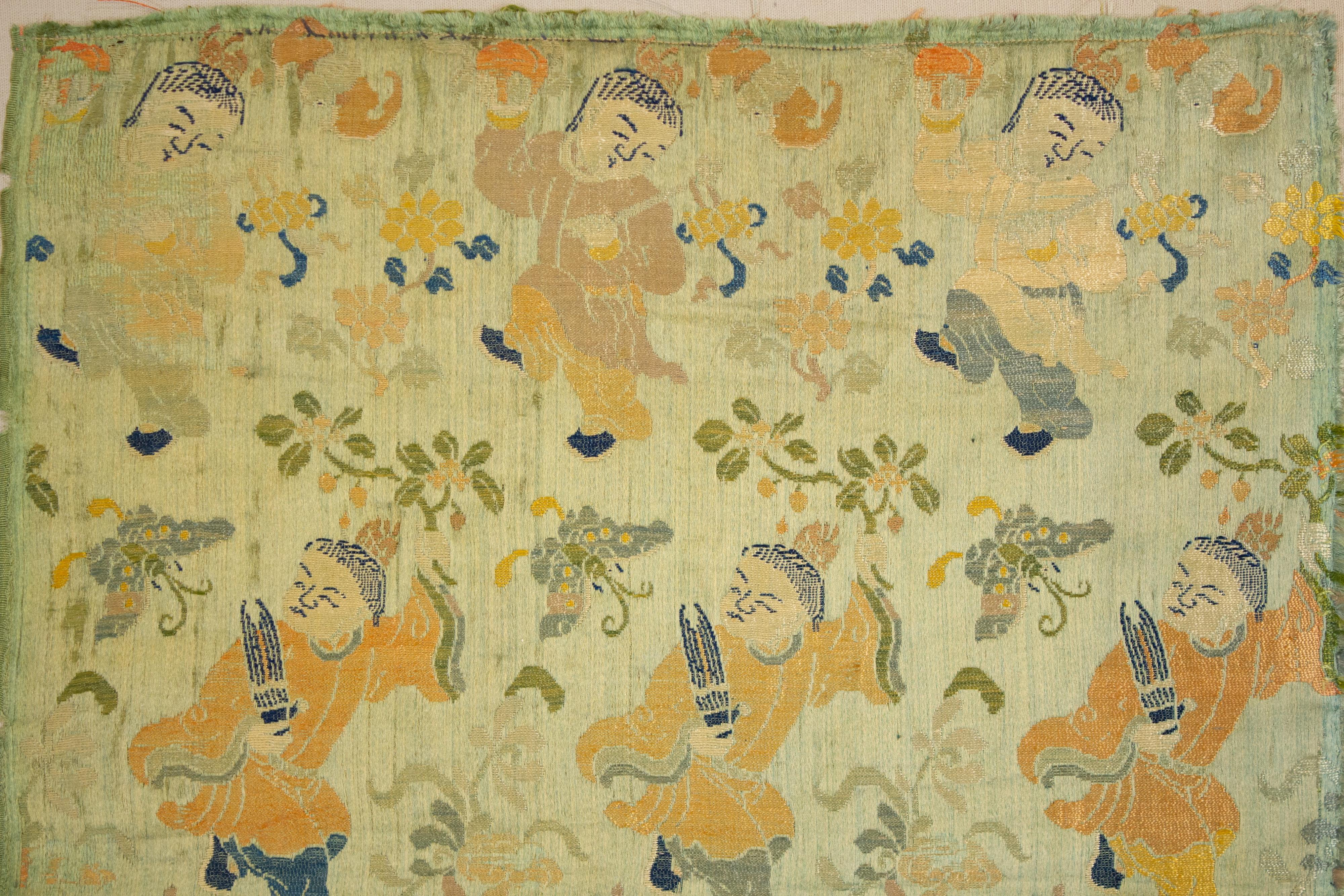 Antique Soft Teal Chinese Qing Dynasty Silk Brocade with Auspicious Symbols For Sale 1