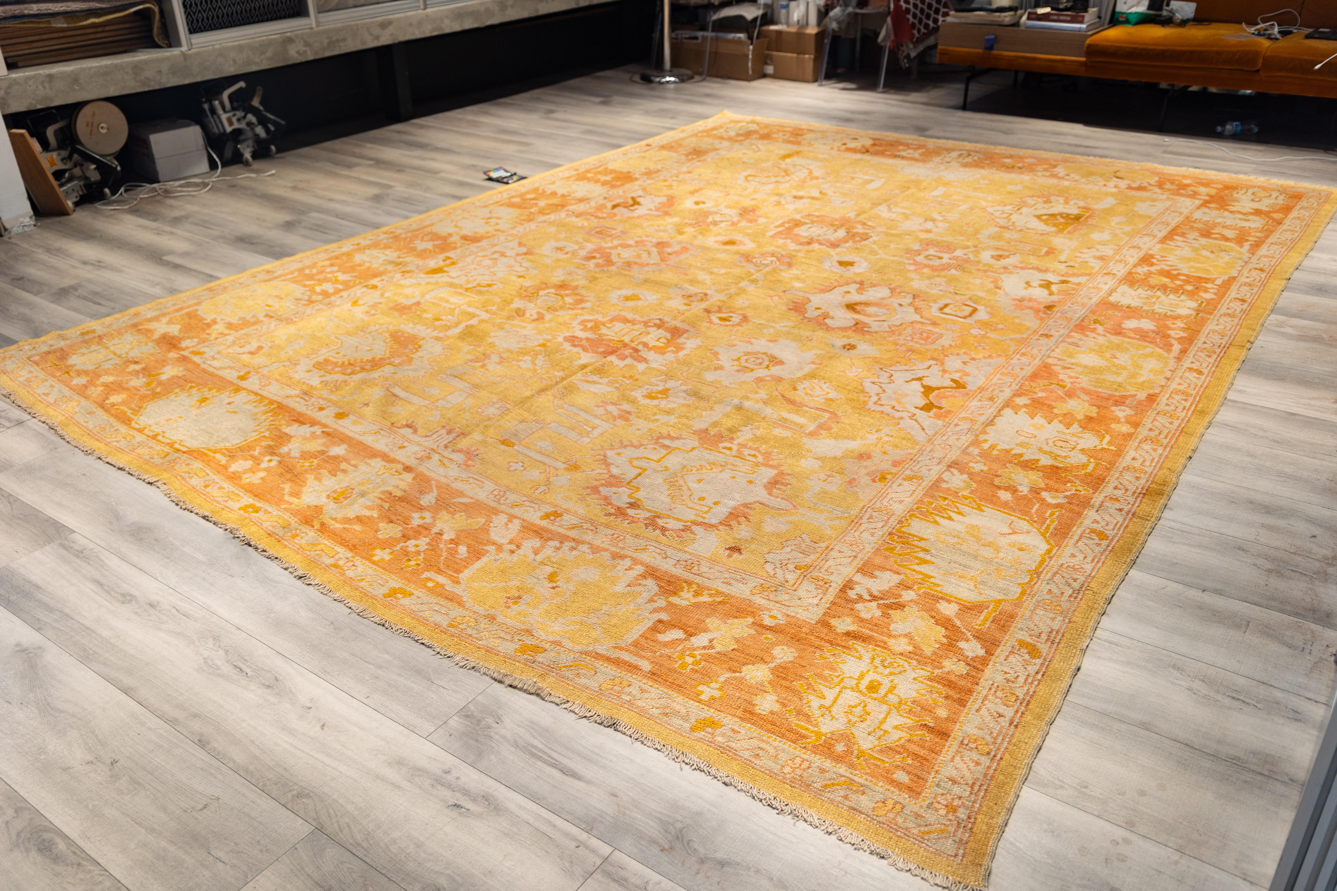 Hand-Carved Antique soft tones all over design oushak rug  early 20th cent. For Sale
