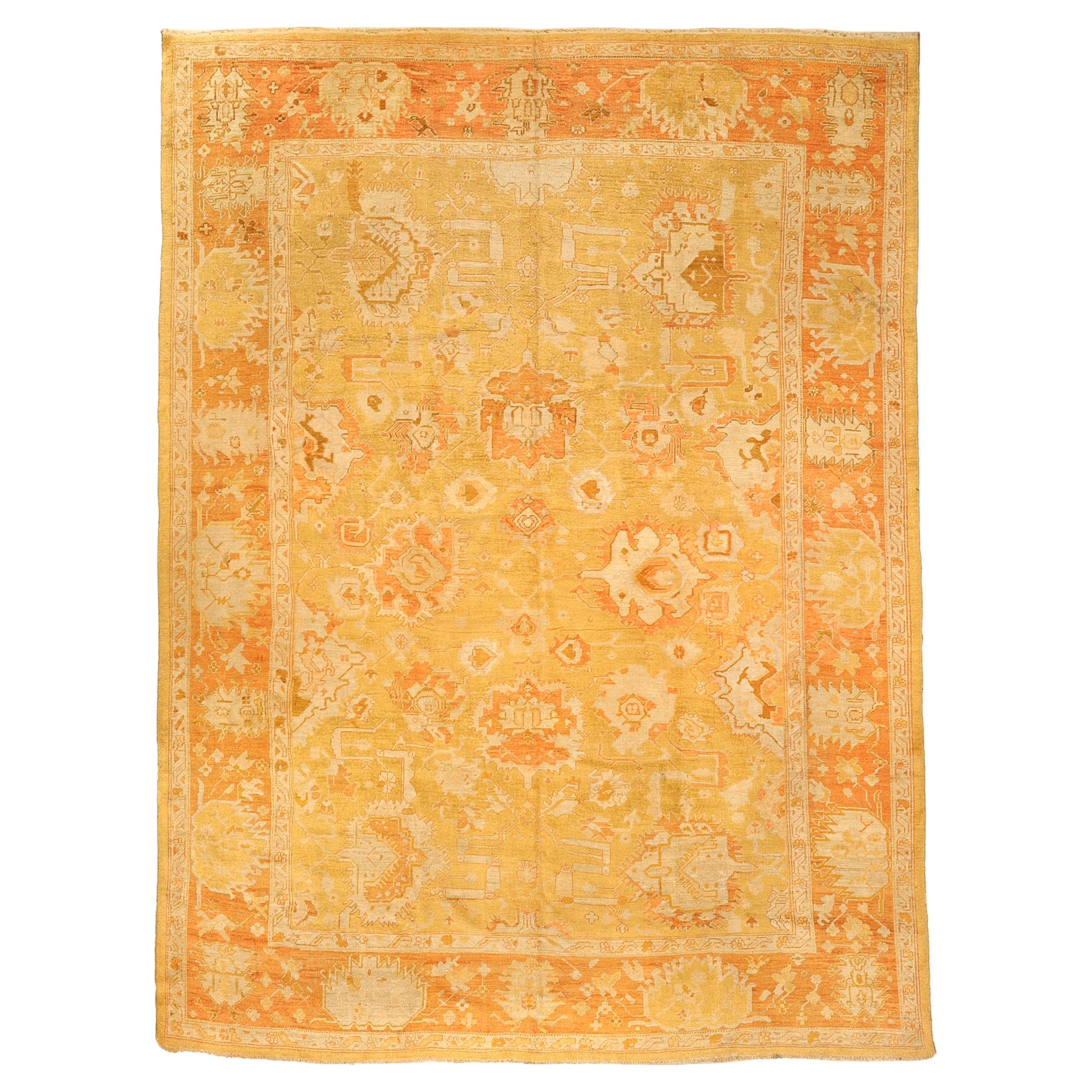 Antique soft tones all over design oushak rug  early 20th cent. For Sale