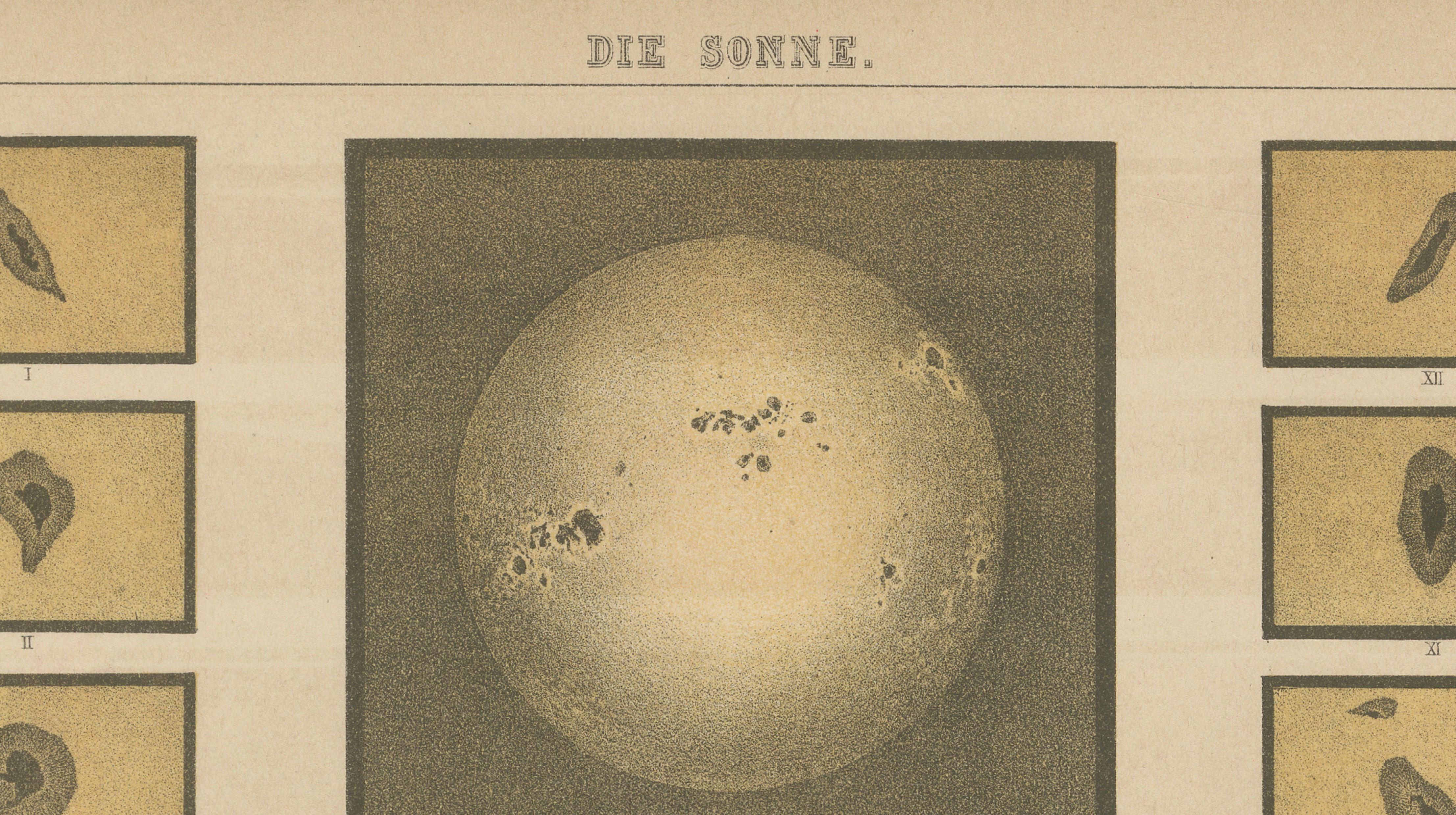 Antique Solar Study Chart “Die Sonne”, Meyers Scientific Plate Leipzig c.1900