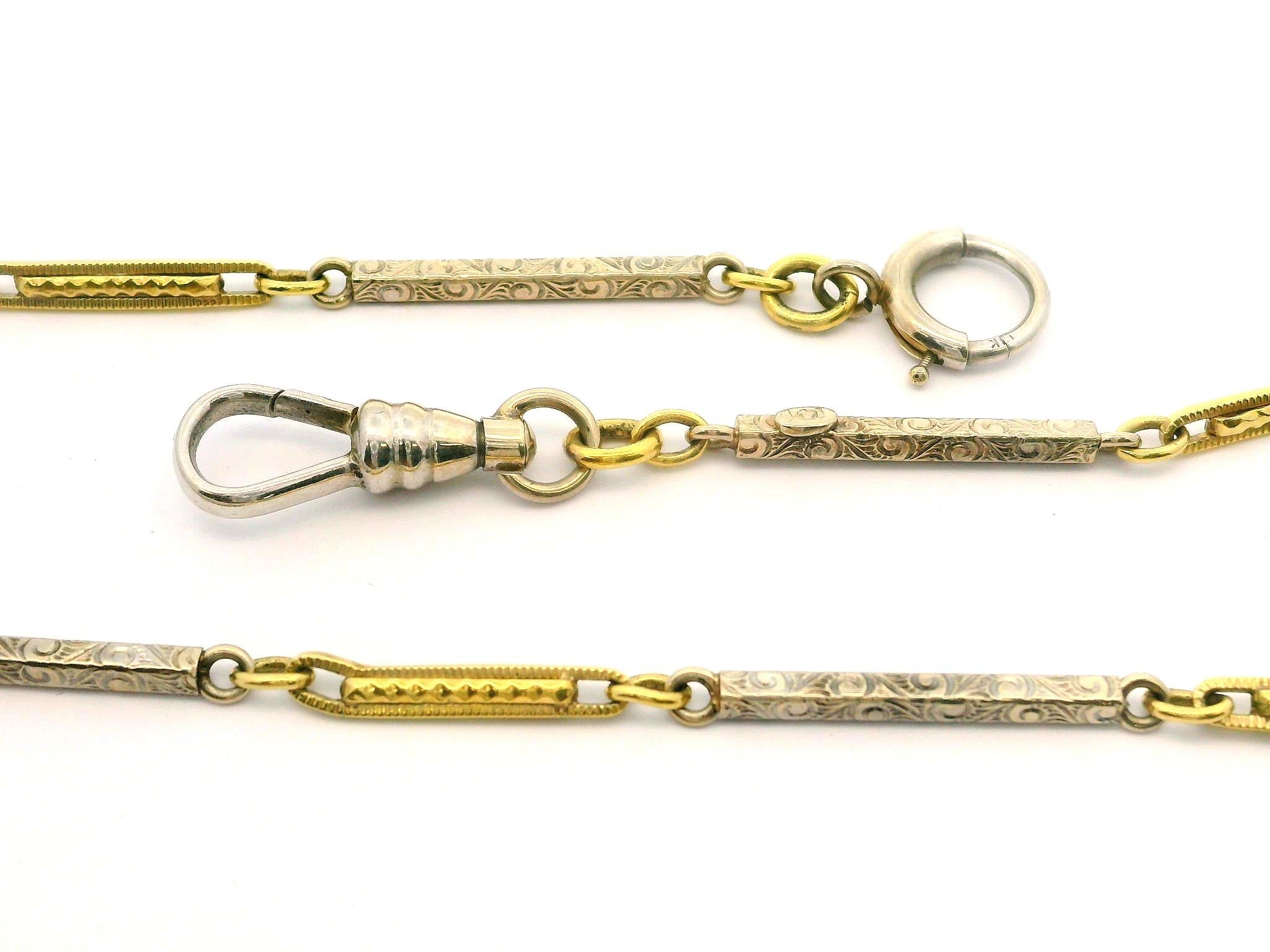 Antique Solid 14k Two Tone Gold Scroll & Textured Work Unique Pocket Watch Chain In Excellent Condition For Sale In Montclair, NJ