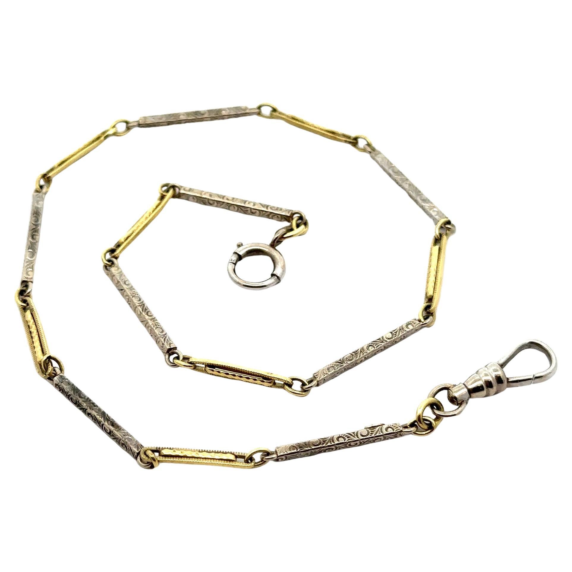 Antique Solid 14k Two Tone Gold Scroll & Textured Work Unique Pocket Watch Chain For Sale