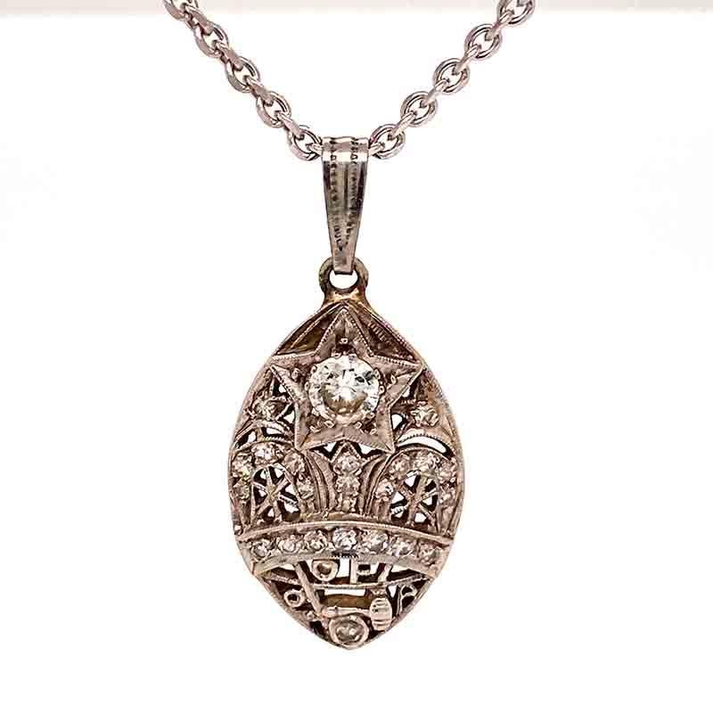Antique Solid 14K White Gold Masonic Diamond Filigree Necklace 20in 7.1g

Excellent condition. This antique solid 14K white gold masonic necklace features a diamond and filigree pendant that measures approximately 1.25 inches X 0.35 inches wide. It