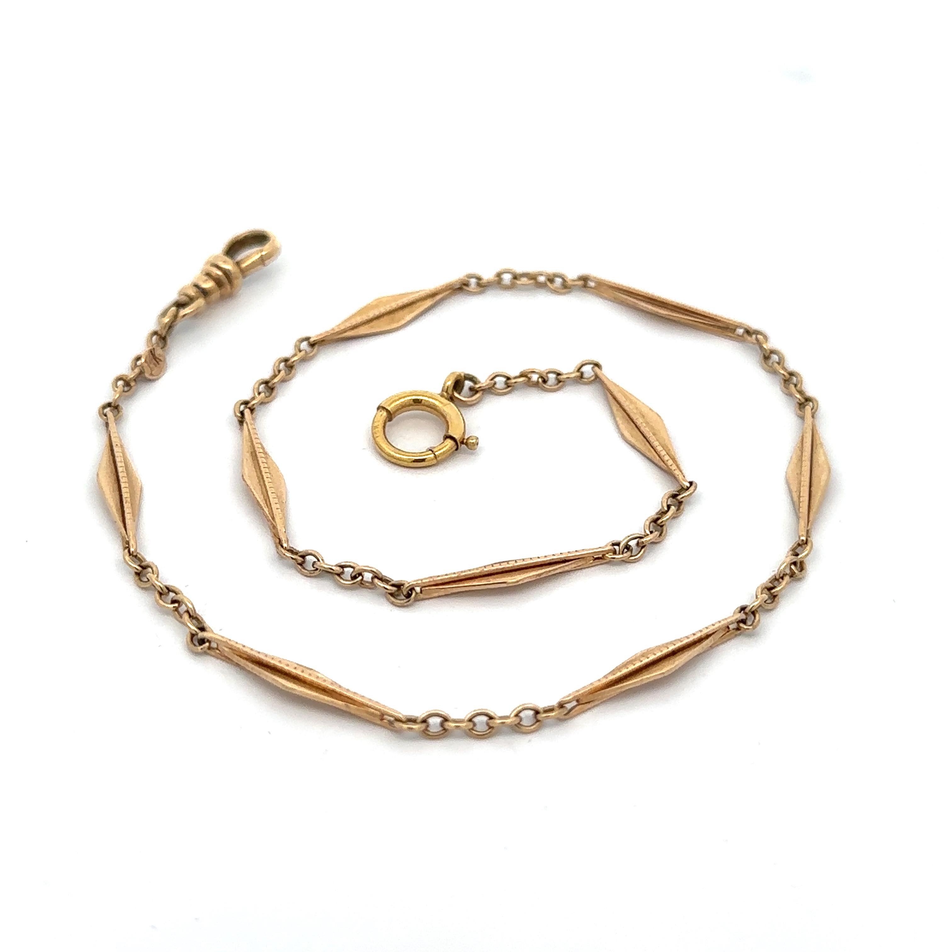 Women's or Men's Antique Solid 14k Yellow Gold Flared Sections and Cable Link Pocket Watch Chain