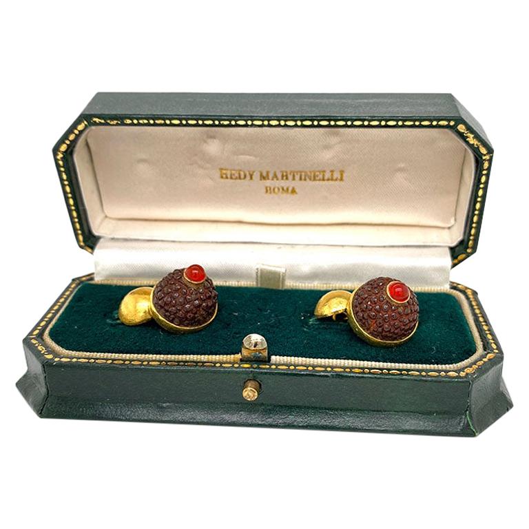 Antique Solid 18 Karat Gold Carnelian Cufflinks by Hedy Martinelli 8.8g with Box